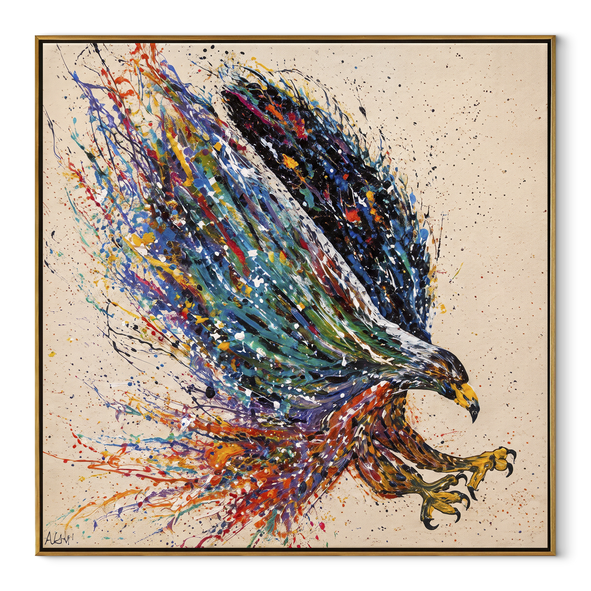 Eagle in Radiant Flight focuses on a wide eagle flying from a bright cream and gold center. The visible subject is placed within a carefully balanced painted field, with the main silhouette, feather, fur, petals, branches, clothing, landscape or background marks kept specific to this artwork. The palette of white, gold, black creates the mood through clear warm and cool relationships, while lighter passages open the composition and darker passages give the focal form weight. Raised impasto