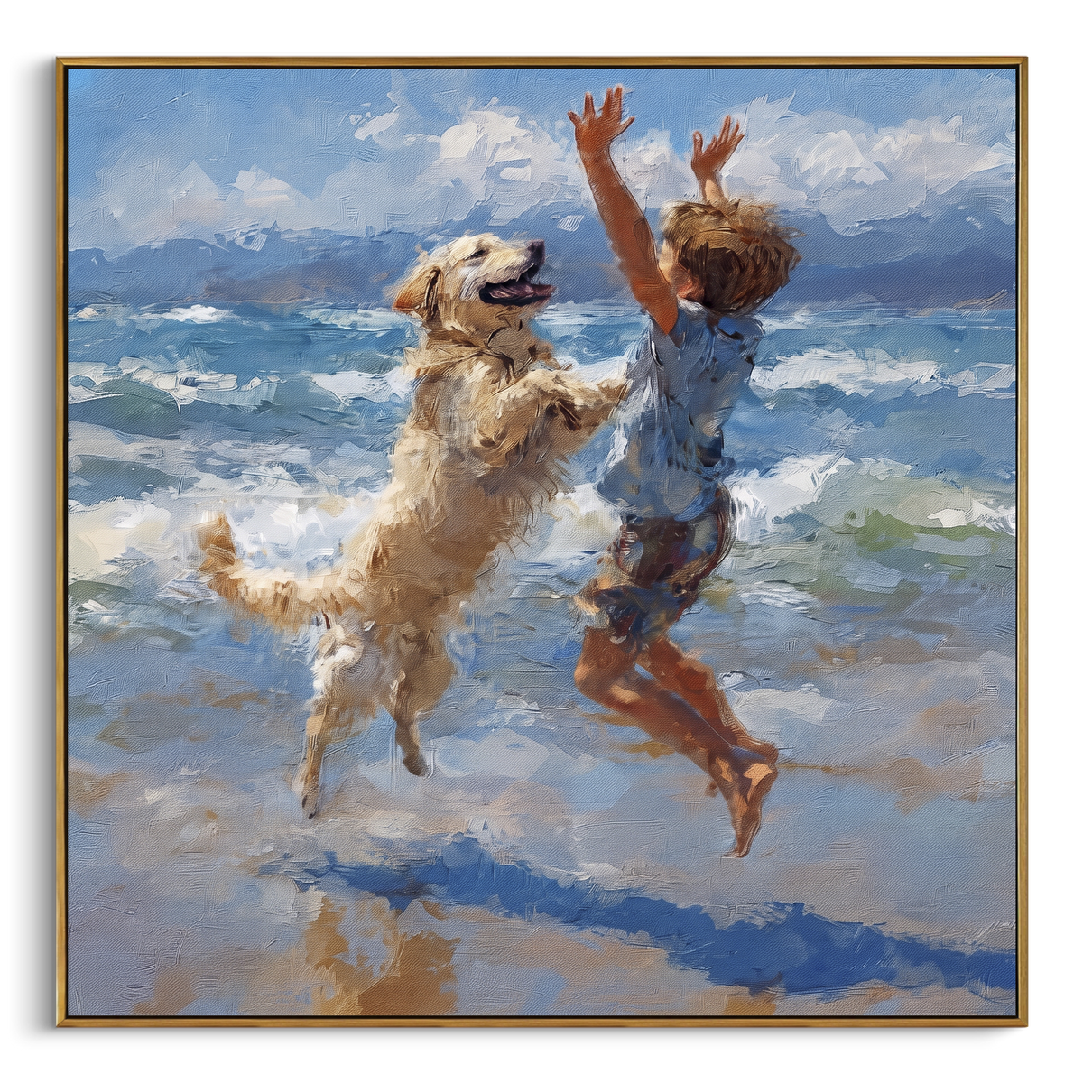 Quiet Quiet Figure by the Water focuses on a child and joyful dog moving through blue water. The composition keeps the principal subject clearly separated from the painted field, so the eye can follow the specific gesture, silhouette, garment, fur, petal, ridge, or river visible in this artwork. Its color relationships move between blue, beige, and brown, with lighter passages opening the focal area and deeper strokes giving the forms weight. Palette-knife edges, impasto ridges, broken brush