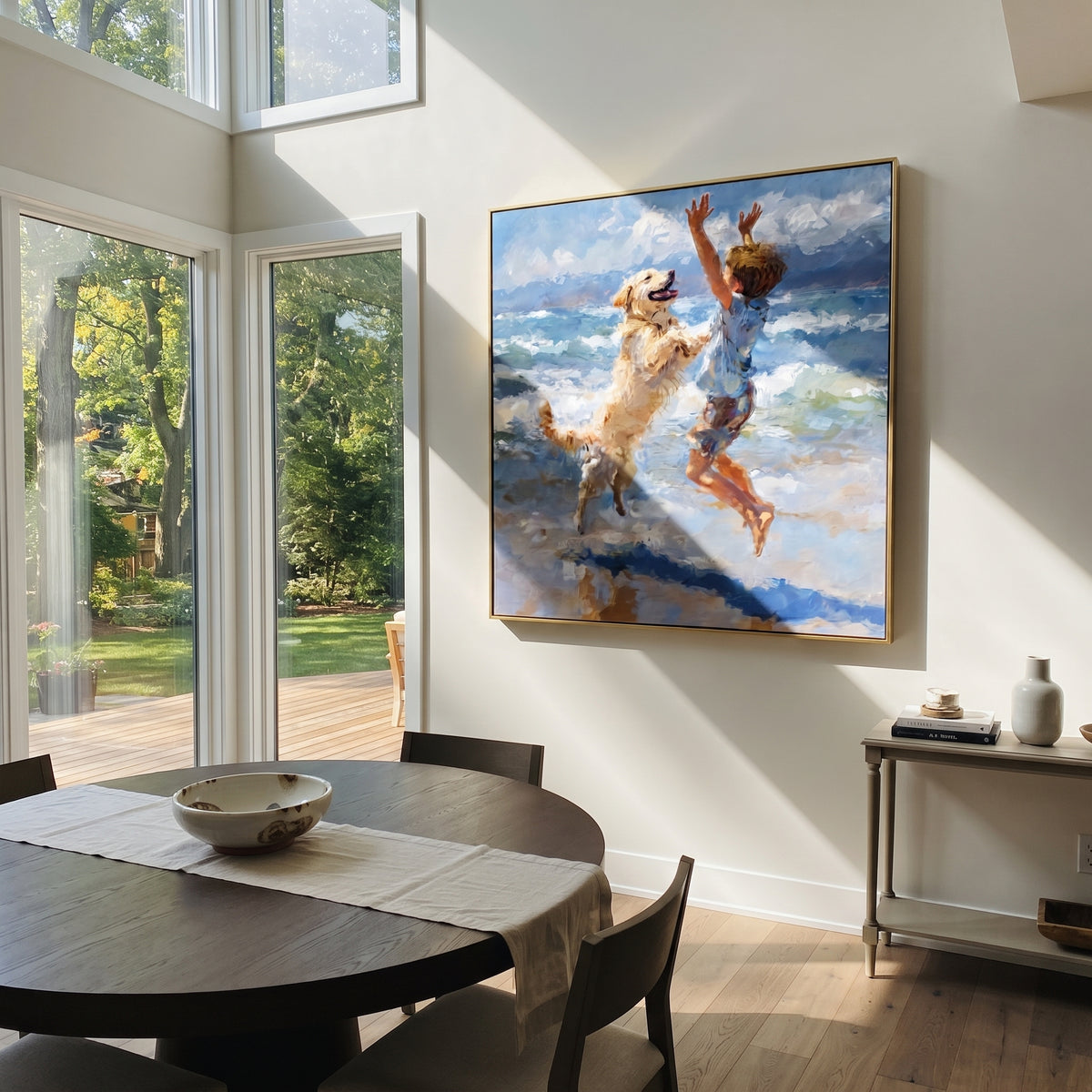 Quiet Quiet Figure by the Water focuses on a child and joyful dog moving through blue water. The composition keeps the principal subject clearly separated from the painted field, so the eye can follow the specific gesture, silhouette, garment, fur, petal, ridge, or river visible in this artwork. Its color relationships move between blue, beige, and brown, with lighter passages opening the focal area and deeper strokes giving the forms weight. Palette-knife edges, impasto ridges, broken brush