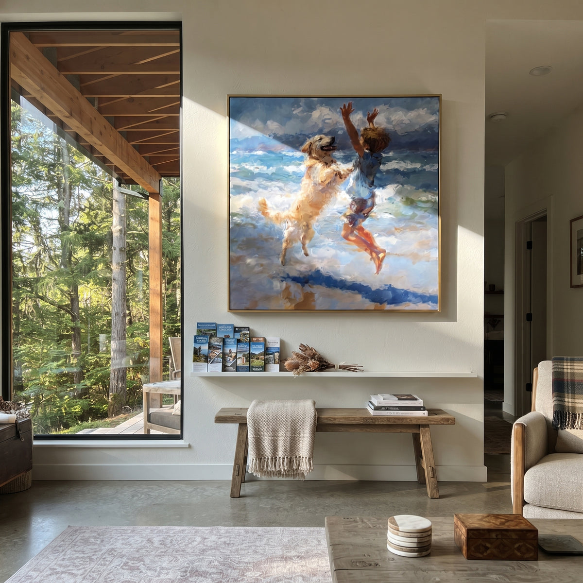 Quiet Quiet Figure by the Water focuses on a child and joyful dog moving through blue water. The composition keeps the principal subject clearly separated from the painted field, so the eye can follow the specific gesture, silhouette, garment, fur, petal, ridge, or river visible in this artwork. Its color relationships move between blue, beige, and brown, with lighter passages opening the focal area and deeper strokes giving the forms weight. Palette-knife edges, impasto ridges, broken brush