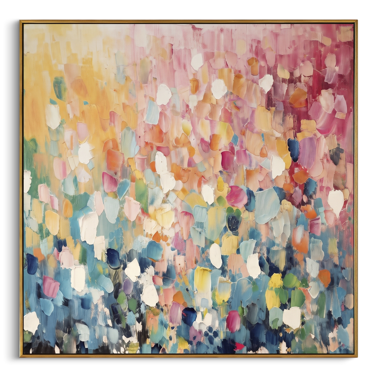 Luminous Quiet Figure by the Water focuses on a child and joyful dog moving through blue water. The composition keeps the principal subject clearly separated from the painted field, so the eye can follow the specific gesture, silhouette, garment, fur, petal, ridge, or river visible in this artwork. Its color relationships move between orange, pink, and green, with lighter passages opening the focal area and deeper strokes giving the forms weight. Palette-knife edges, impasto ridges, broken brush