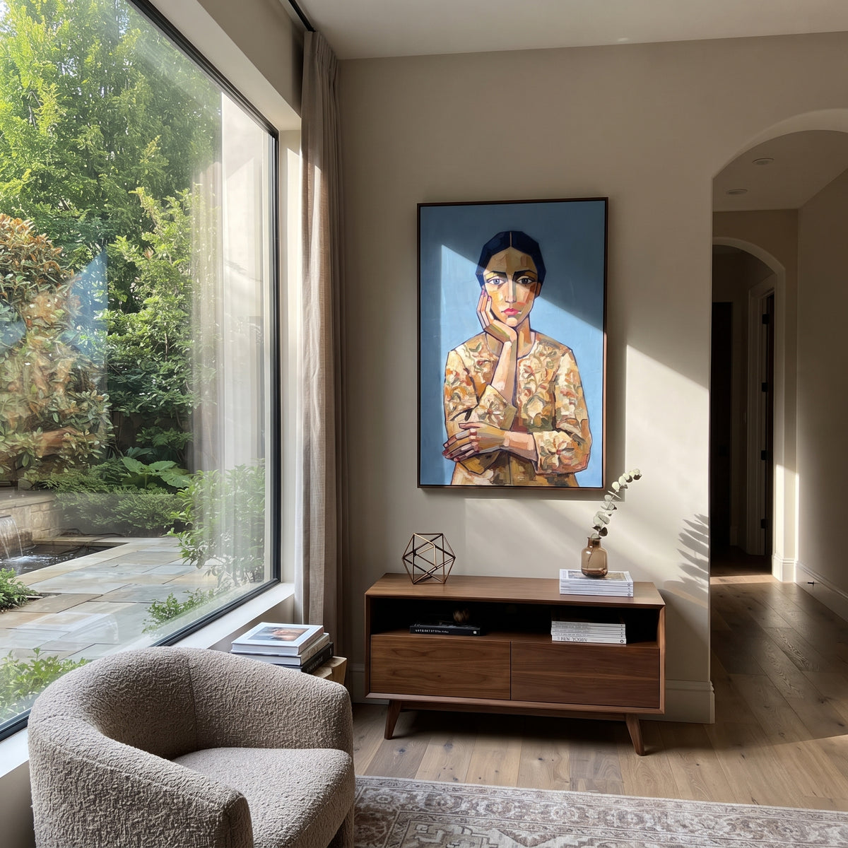 Distant Quiet Quiet Seated Portrait focuses on a seated woman with folded hands and patterned clothing. The composition keeps the principal subject clearly separated from the painted field, so the eye can follow the specific gesture, silhouette, garment, fur, petal, ridge, or river visible in this artwork. Its color relationships move between purple, green, and white, with lighter passages opening the focal area and deeper strokes giving the forms weight. Palette-knife edges, impasto ridges