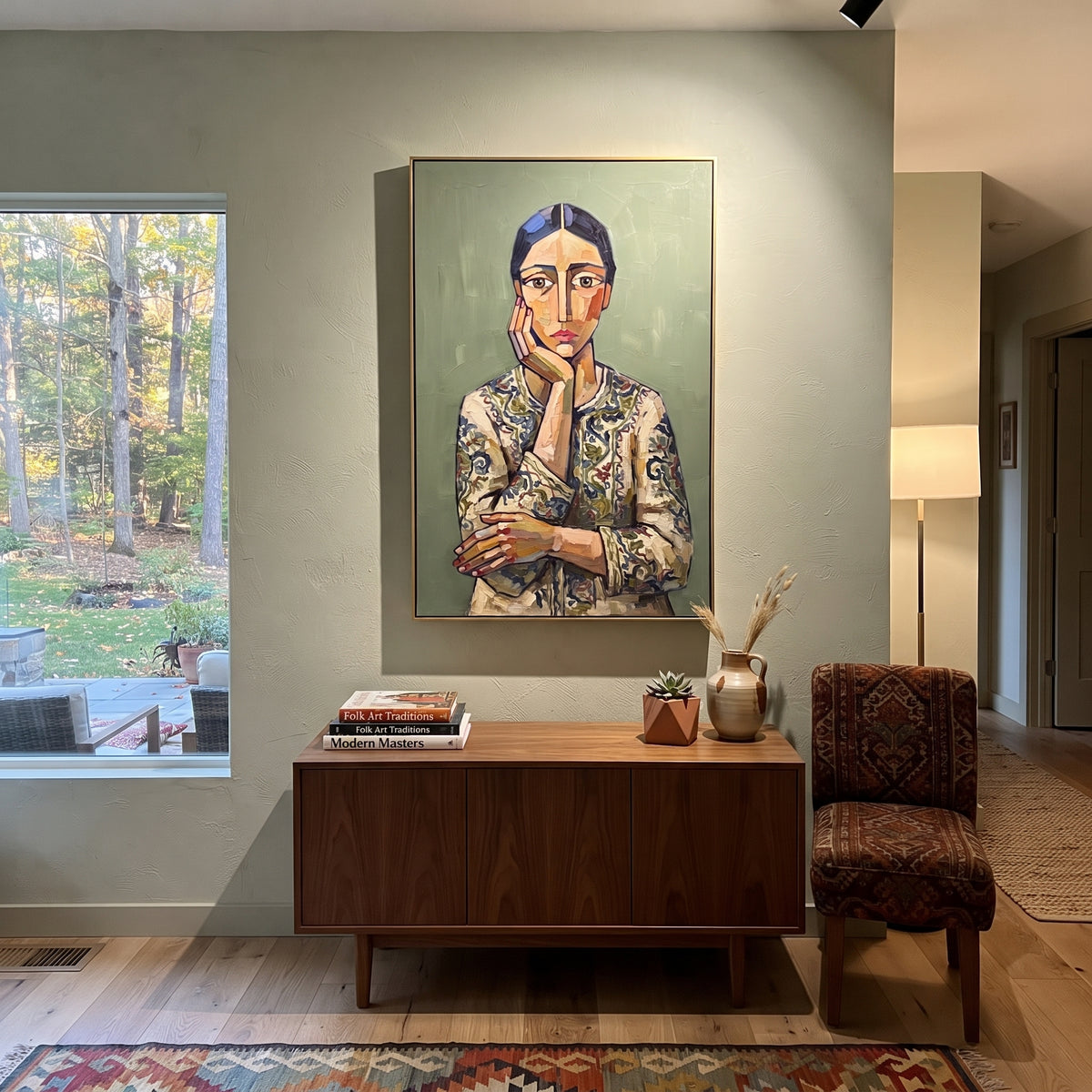 Gathered Quiet Quiet Seated Portrait focuses on a seated woman with folded hands and patterned clothing. The composition keeps the principal subject clearly separated from the painted field, so the eye can follow the specific gesture, silhouette, garment, fur, petal, ridge, or river visible in this artwork. Its color relationships move between blue, beige, and brown, with lighter passages opening the focal area and deeper strokes giving the forms weight. Palette-knife edges, impasto ridges