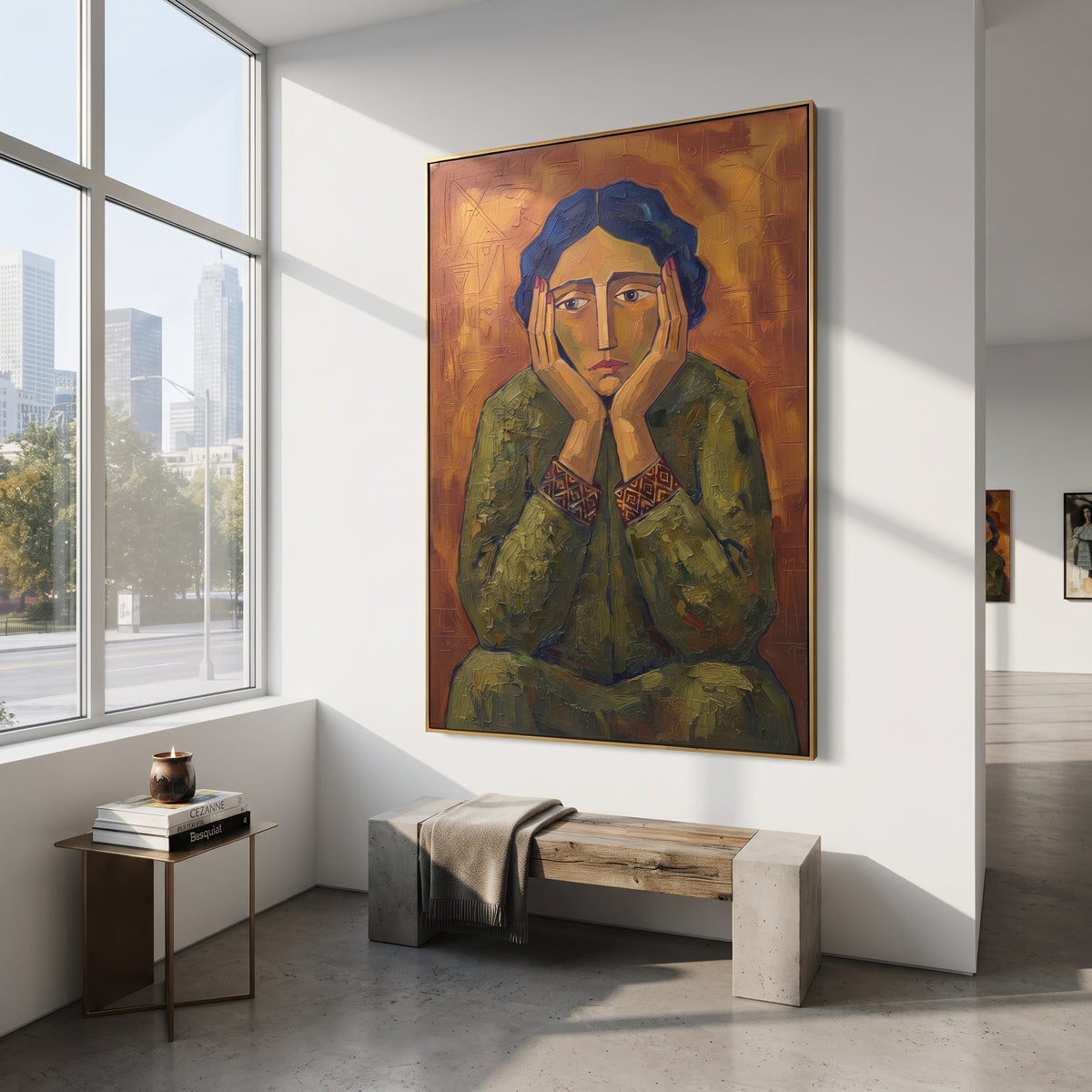 River Quiet Quiet Seated Portrait focuses on a seated woman with folded hands and patterned clothing. The composition keeps the principal subject clearly separated from the painted field, so the eye can follow the specific gesture, silhouette, garment, fur, petal, ridge, or river visible in this artwork. Its color relationships move between orange, pink, and green, with lighter passages opening the focal area and deeper strokes giving the forms weight. Palette-knife edges, impasto ridges, broken