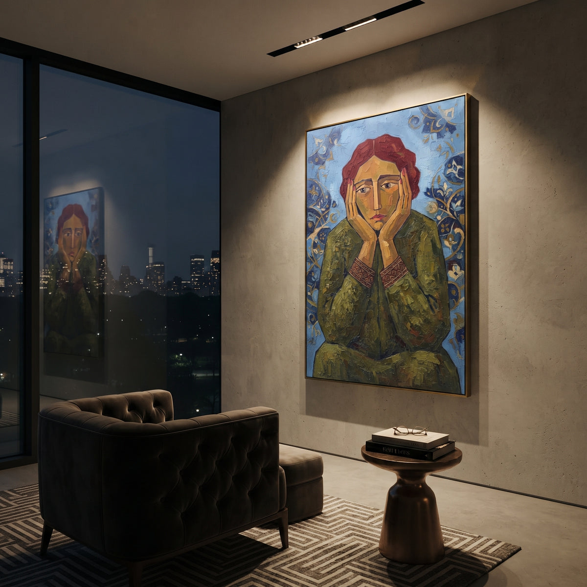 Warm Quiet Quiet Seated Portrait focuses on a seated woman with folded hands and patterned clothing. The composition keeps the principal subject clearly separated from the painted field, so the eye can follow the specific gesture, silhouette, garment, fur, petal, ridge, or river visible in this artwork. Its color relationships move between green, yellow, and beige, with lighter passages opening the focal area and deeper strokes giving the forms weight. Palette-knife edges, impasto ridges, broken