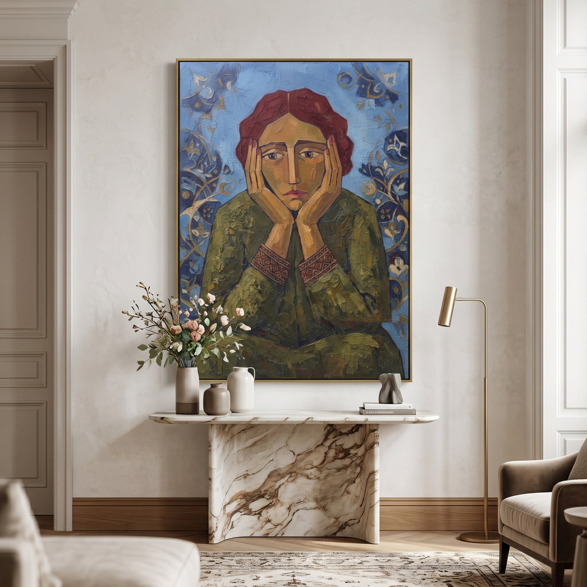Warm Quiet Quiet Seated Portrait focuses on a seated woman with folded hands and patterned clothing. The composition keeps the principal subject clearly separated from the painted field, so the eye can follow the specific gesture, silhouette, garment, fur, petal, ridge, or river visible in this artwork. Its color relationships move between green, yellow, and beige, with lighter passages opening the focal area and deeper strokes giving the forms weight. Palette-knife edges, impasto ridges, broken