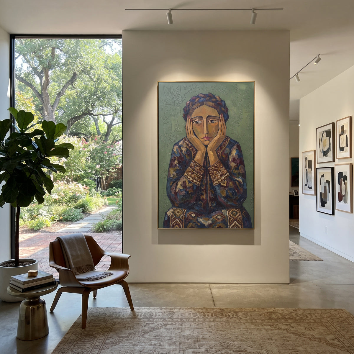 Still Quiet Quiet Seated Portrait focuses on a seated woman with folded hands and patterned clothing. The composition keeps the principal subject clearly separated from the painted field, so the eye can follow the specific gesture, silhouette, garment, fur, petal, ridge, or river visible in this artwork. Its color relationships move between blue, grey, and white, with lighter passages opening the focal area and deeper strokes giving the forms weight. Palette-knife edges, impasto ridges, broken