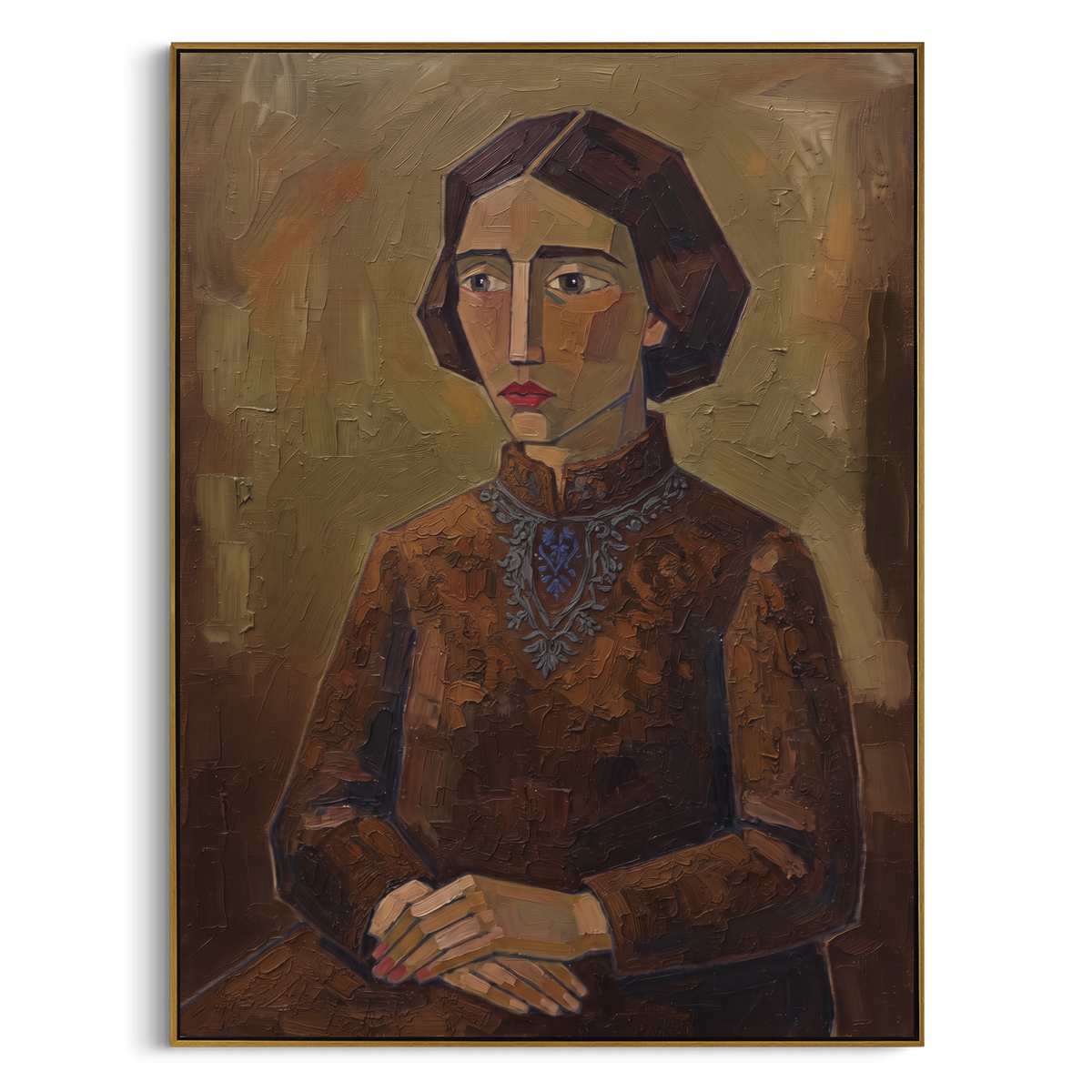 Gentle Quiet Quiet Seated Portrait focuses on a seated woman with folded hands and patterned clothing. The composition keeps the principal subject clearly separated from the painted field, so the eye can follow the specific gesture, silhouette, garment, fur, petal, ridge, or river visible in this artwork. Its color relationships move between green, brown, and yellow, with lighter passages opening the focal area and deeper strokes giving the forms weight. Palette-knife edges, impasto ridges