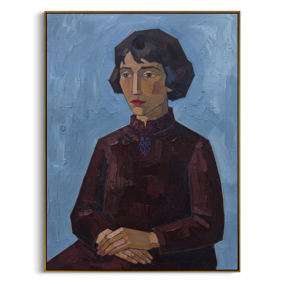 Open Quiet Quiet Seated Portrait focuses on a seated woman with folded hands and patterned clothing. The composition keeps the principal subject clearly separated from the painted field, so the eye can follow the specific gesture, silhouette, garment, fur, petal, ridge, or river visible in this artwork. Its color relationships move between orange, black, and beige, with lighter passages opening the focal area and deeper strokes giving the forms weight. Palette-knife edges, impasto ridges, broken