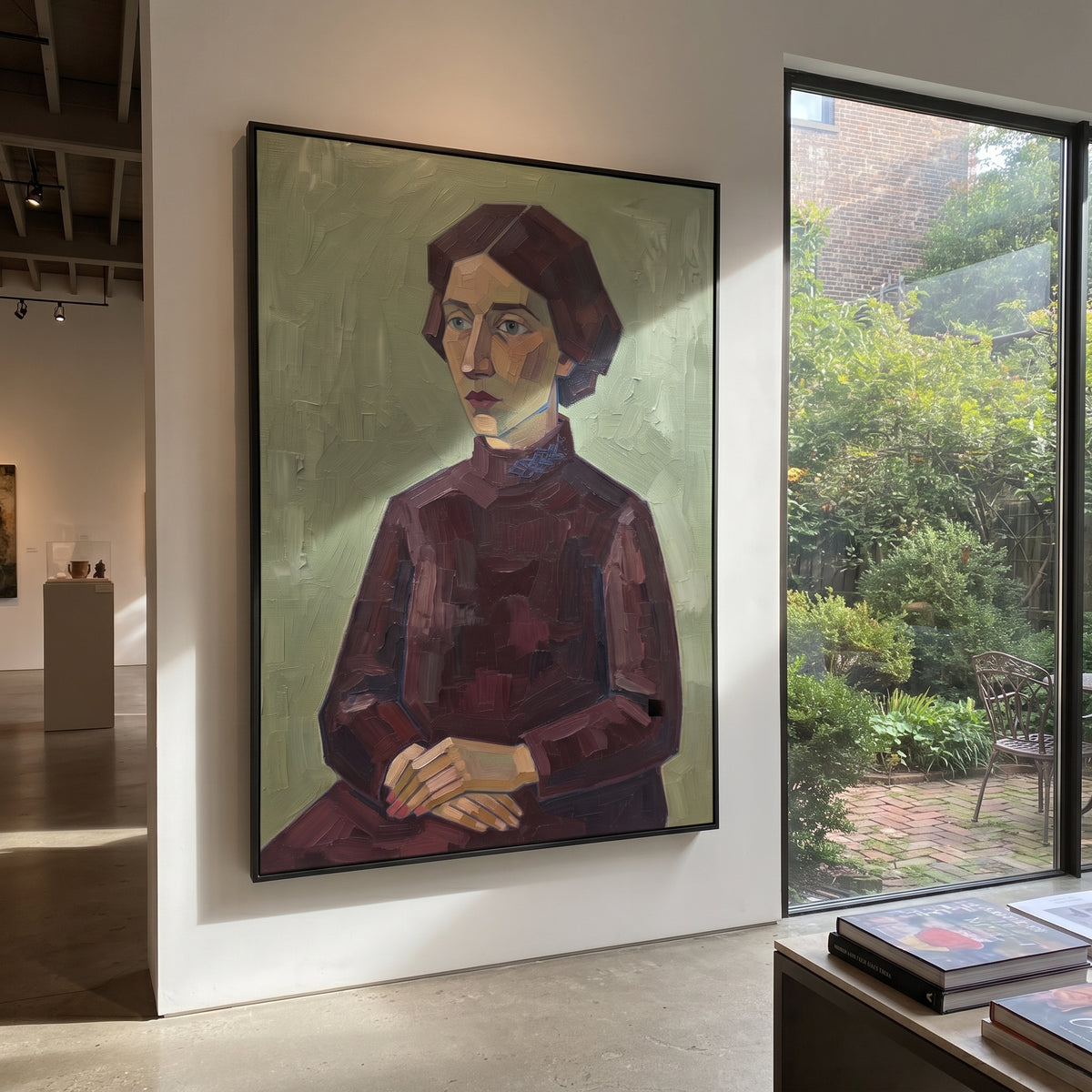 Wandering Quiet Quiet Seated Portrait focuses on a seated woman with folded hands and patterned clothing. The composition keeps the principal subject clearly separated from the painted field, so the eye can follow the specific gesture, silhouette, garment, fur, petal, ridge, or river visible in this artwork. Its color relationships move between blue, red, and white, with lighter passages opening the focal area and deeper strokes giving the forms weight. Palette-knife edges, impasto ridges