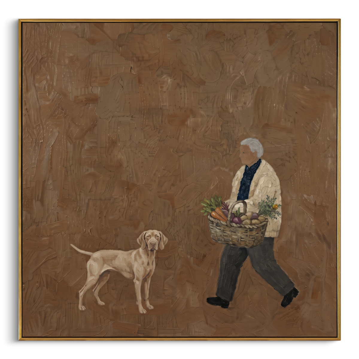 Midnight Quiet Walking with a Small Dog focuses on a bundled walker carrying flowers beside a small dog. The composition keeps the principal subject clearly separated from the painted field, so the eye can follow the specific gesture, silhouette, garment, fur, petal, ridge, or river visible in this artwork. Its color relationships move between beige, black, and blue, with lighter passages opening the focal area and deeper strokes giving the forms weight. Palette-knife edges, impasto ridges