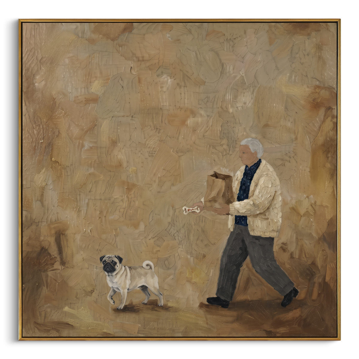 Storybook Quiet Walking with a Small Dog focuses on a bundled walker carrying flowers beside a small dog. The composition keeps the principal subject clearly separated from the painted field, so the eye can follow the specific gesture, silhouette, garment, fur, petal, ridge, or river visible in this artwork. Its color relationships move between purple, green, and white, with lighter passages opening the focal area and deeper strokes giving the forms weight. Palette-knife edges, impasto ridges