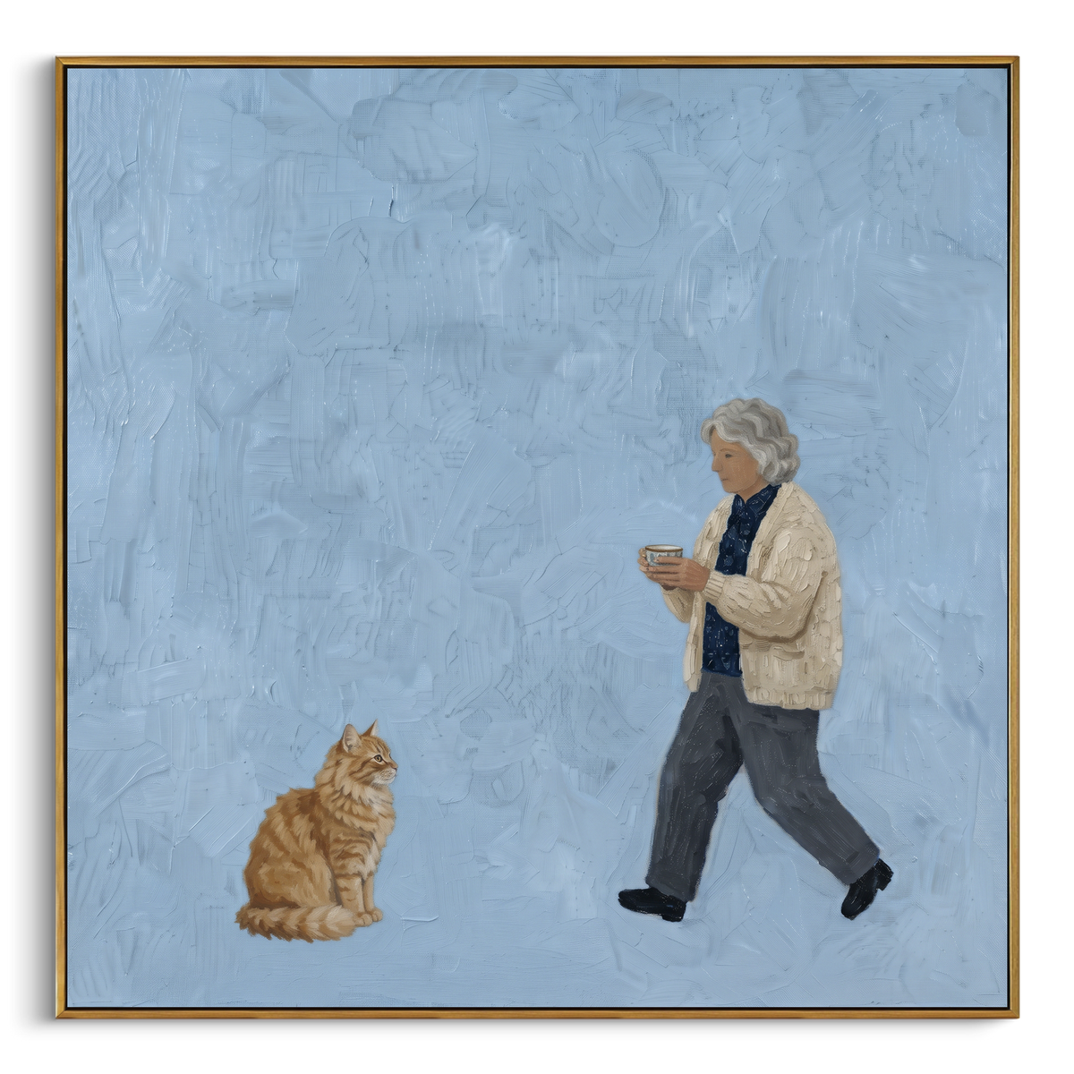 Tender Luminous Walking with a Small Dog focuses on a bundled walker carrying flowers beside a small dog. The composition keeps the principal subject clearly separated from the painted field, so the eye can follow the specific gesture, silhouette, garment, fur, petal, ridge, or river visible in this artwork. Its color relationships move between green, yellow, and beige, with lighter passages opening the focal area and deeper strokes giving the forms weight. Palette-knife edges, impasto ridges