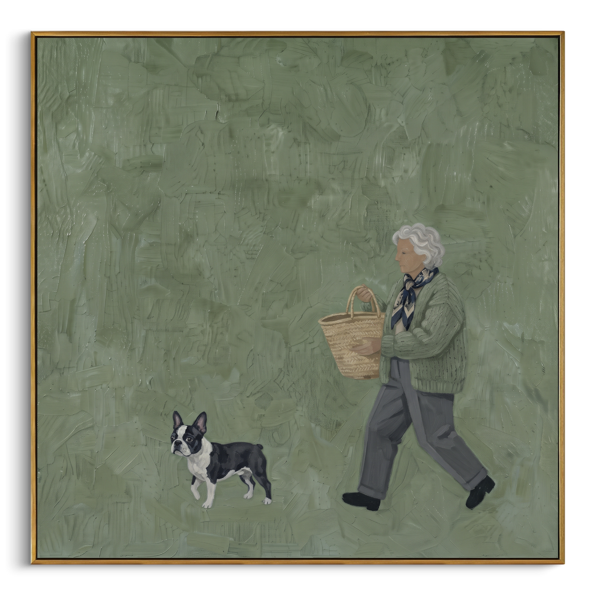 Cobalt Luminous Walking with a Small Dog focuses on a bundled walker carrying flowers beside a small dog. The composition keeps the principal subject clearly separated from the painted field, so the eye can follow the specific gesture, silhouette, garment, fur, petal, ridge, or river visible in this artwork. Its color relationships move between blue, grey, and white, with lighter passages opening the focal area and deeper strokes giving the forms weight. Palette-knife edges, impasto ridges