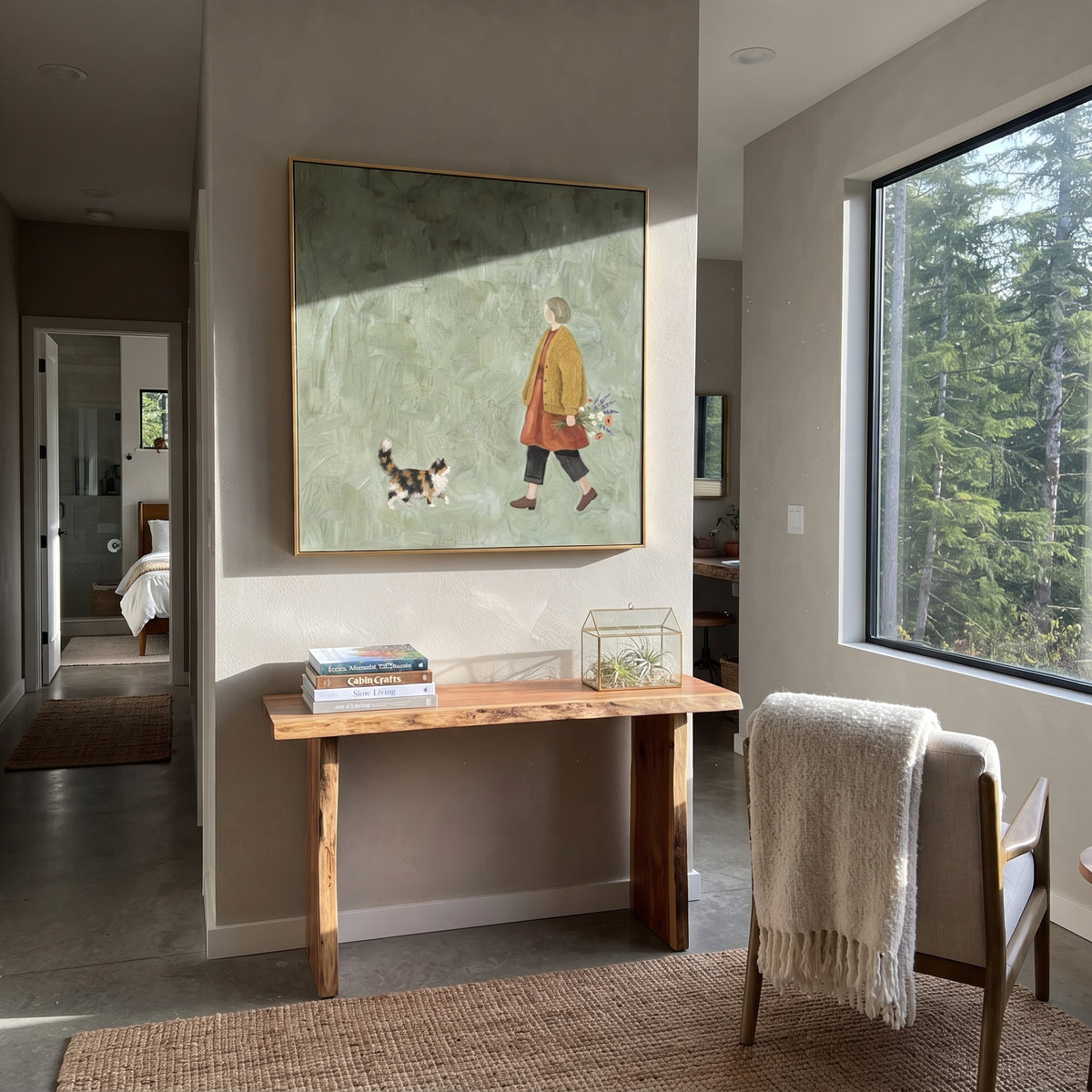 Open Tender Mountain River Valley focuses on layered mountain ridges opening toward a bright winding river. The composition keeps the principal subject clearly separated from the painted field, so the eye can follow the specific gesture, silhouette, garment, fur, petal, ridge, or river visible in this artwork. Its color relationships move between orange, black, and beige, with lighter passages opening the focal area and deeper strokes giving the forms weight. Palette-knife edges, impasto ridges