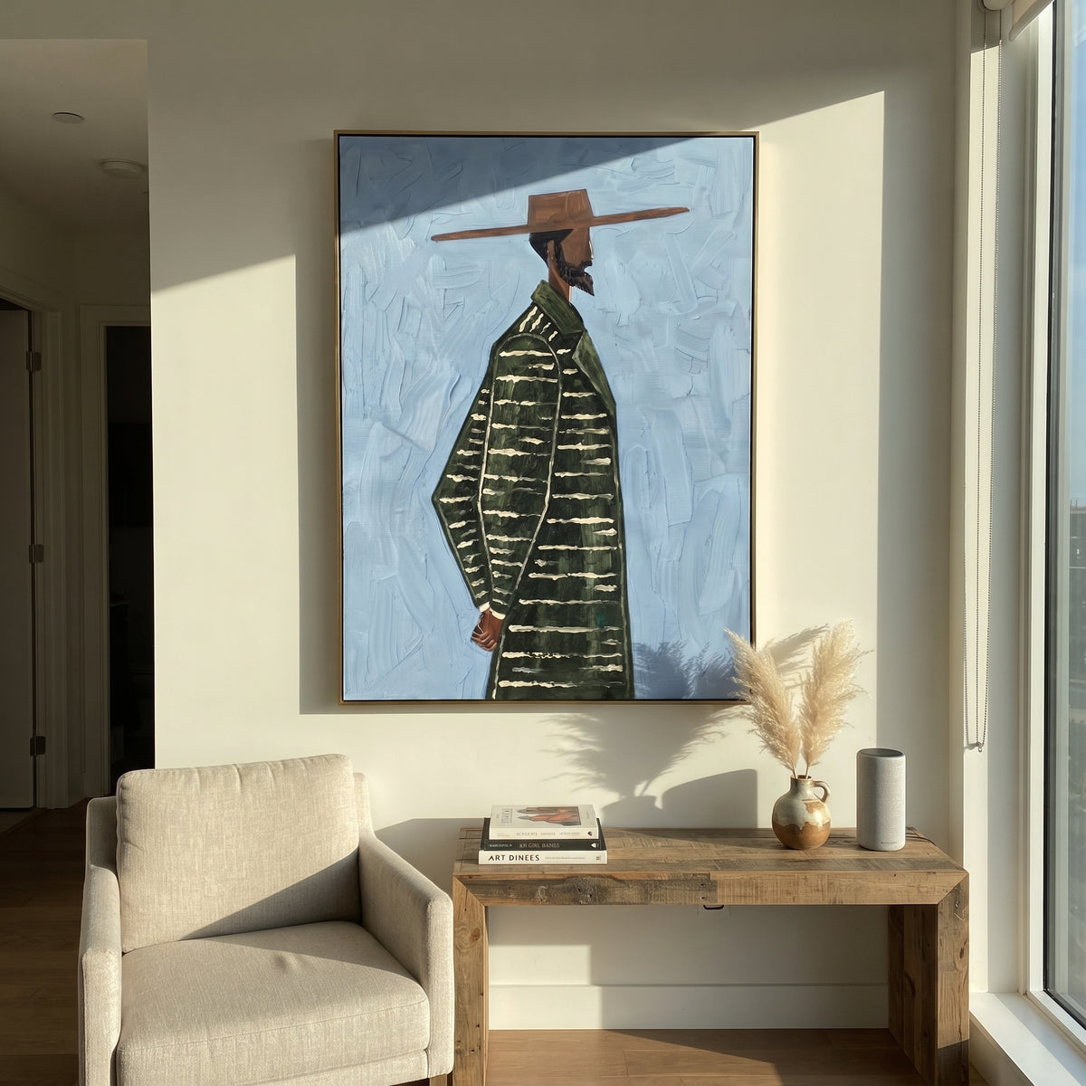 Midnight Tender Mountain River Valley focuses on layered mountain ridges opening toward a bright winding river. The composition keeps the principal subject clearly separated from the painted field, so the eye can follow the specific gesture, silhouette, garment, fur, petal, ridge, or river visible in this artwork. Its color relationships move between beige, black, and blue, with lighter passages opening the focal area and deeper strokes giving the forms weight. Palette-knife edges, impasto