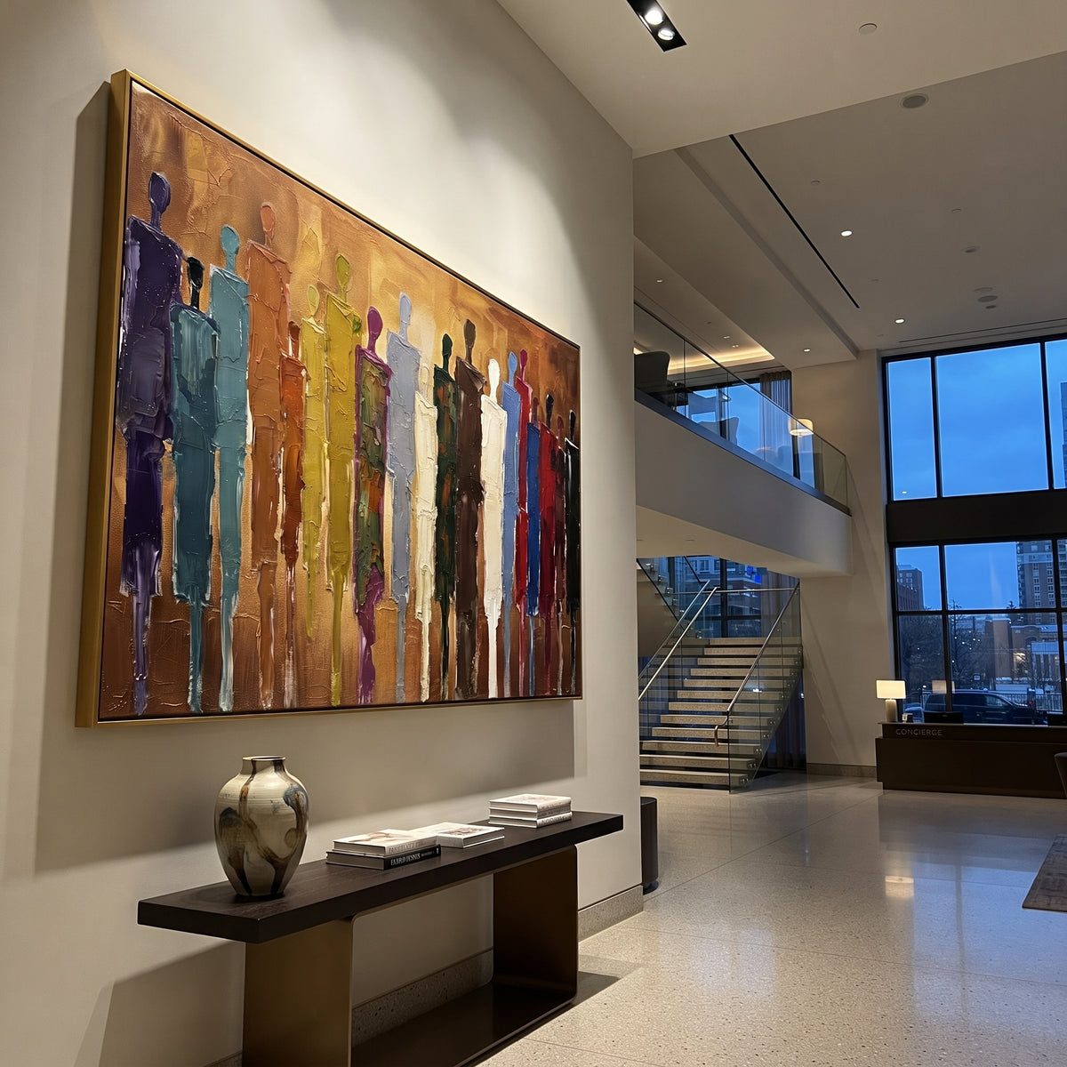 Quiet Cobalt Color Figure Chorus focuses on a row of elongated painted figures in varied colors. The composition keeps the principal subject clearly separated from the painted field, so the eye can follow the specific gesture, silhouette, garment, fur, petal, ridge, or river visible in this artwork. Its color relationships move between blue, beige, and brown, with lighter passages opening the focal area and deeper strokes giving the forms weight. Palette-knife edges, impasto ridges, broken brush