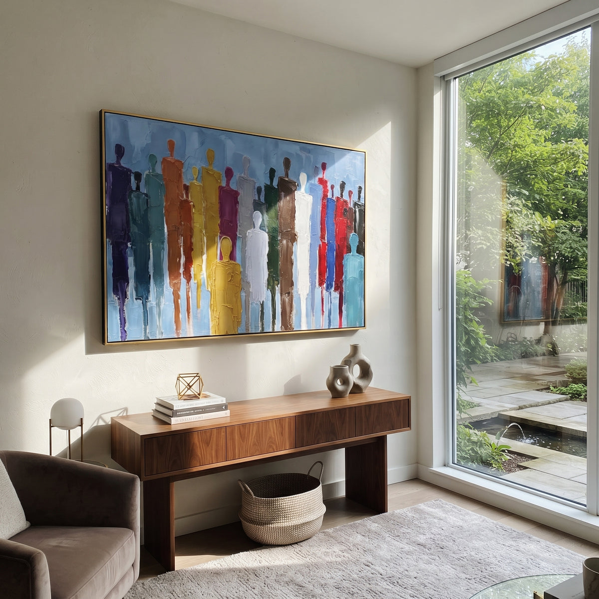 Luminous Cobalt Color Figure Chorus focuses on a row of elongated painted figures in varied colors. The composition keeps the principal subject clearly separated from the painted field, so the eye can follow the specific gesture, silhouette, garment, fur, petal, ridge, or river visible in this artwork. Its color relationships move between orange, pink, and green, with lighter passages opening the focal area and deeper strokes giving the forms weight. Palette-knife edges, impasto ridges, broken