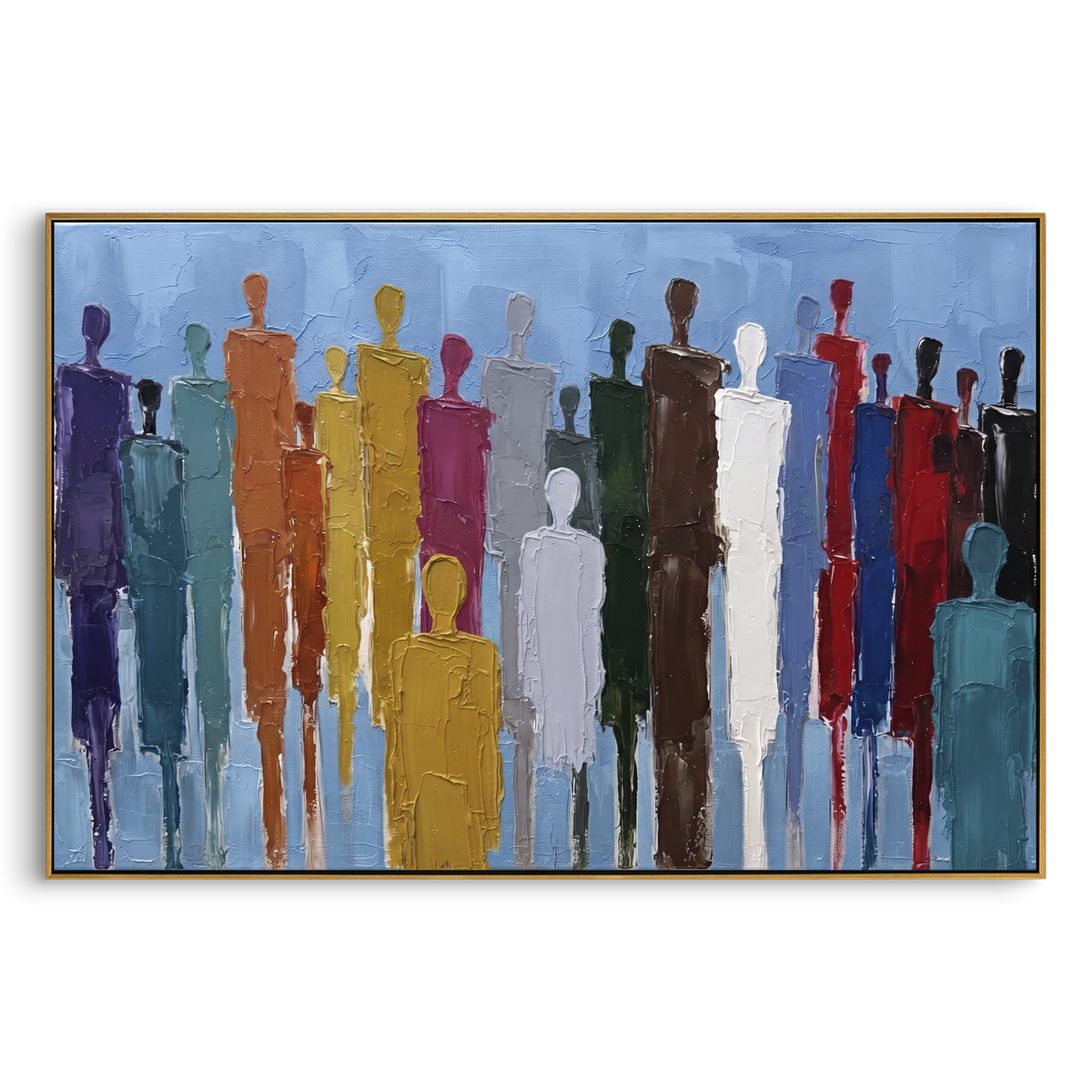 Luminous Cobalt Color Figure Chorus focuses on a row of elongated painted figures in varied colors. The composition keeps the principal subject clearly separated from the painted field, so the eye can follow the specific gesture, silhouette, garment, fur, petal, ridge, or river visible in this artwork. Its color relationships move between orange, pink, and green, with lighter passages opening the focal area and deeper strokes giving the forms weight. Palette-knife edges, impasto ridges, broken