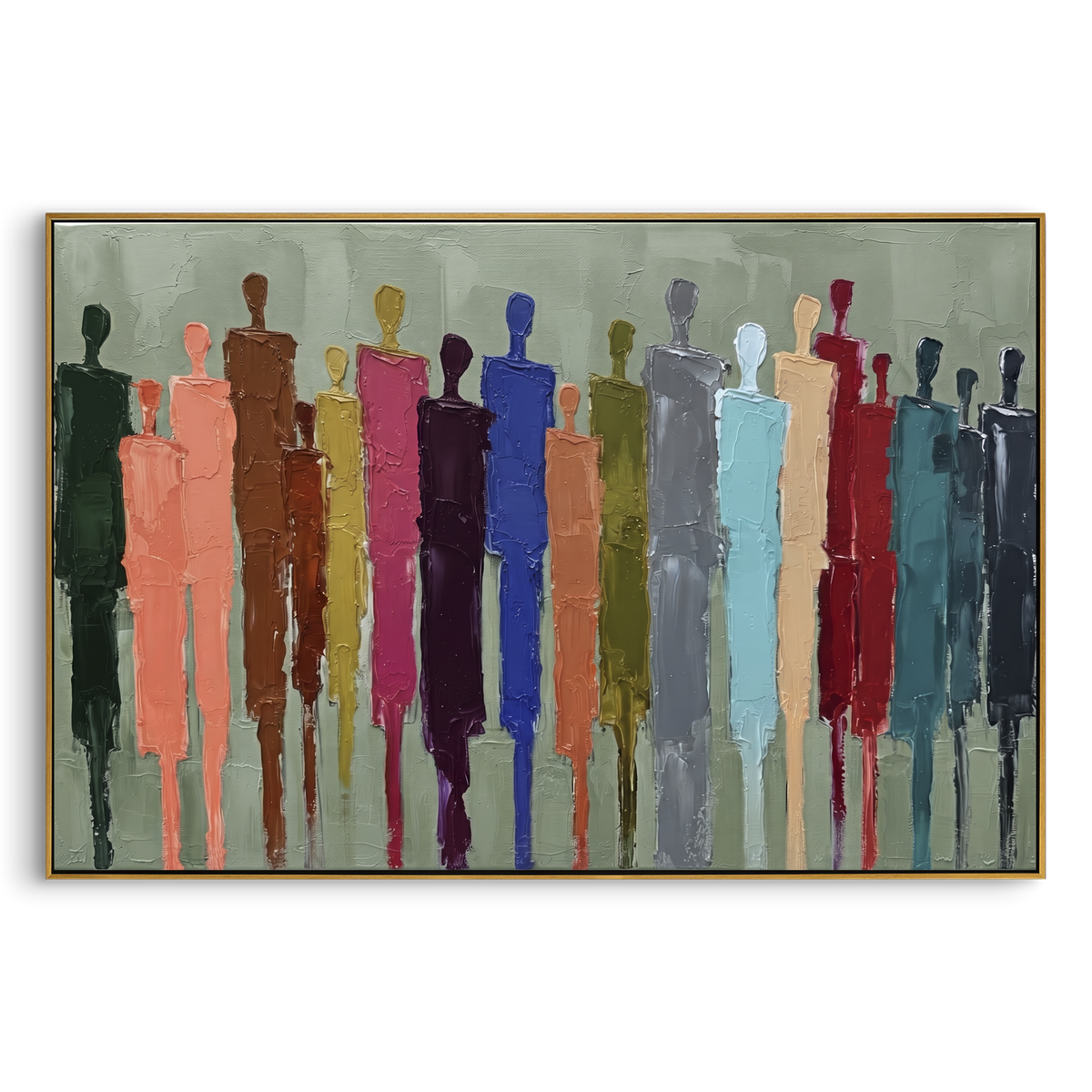 Tender Cobalt Color Figure Chorus focuses on a row of elongated painted figures in varied colors. The composition keeps the principal subject clearly separated from the painted field, so the eye can follow the specific gesture, silhouette, garment, fur, petal, ridge, or river visible in this artwork. Its color relationships move between green, yellow, and beige, with lighter passages opening the focal area and deeper strokes giving the forms weight. Palette-knife edges, impasto ridges, broken