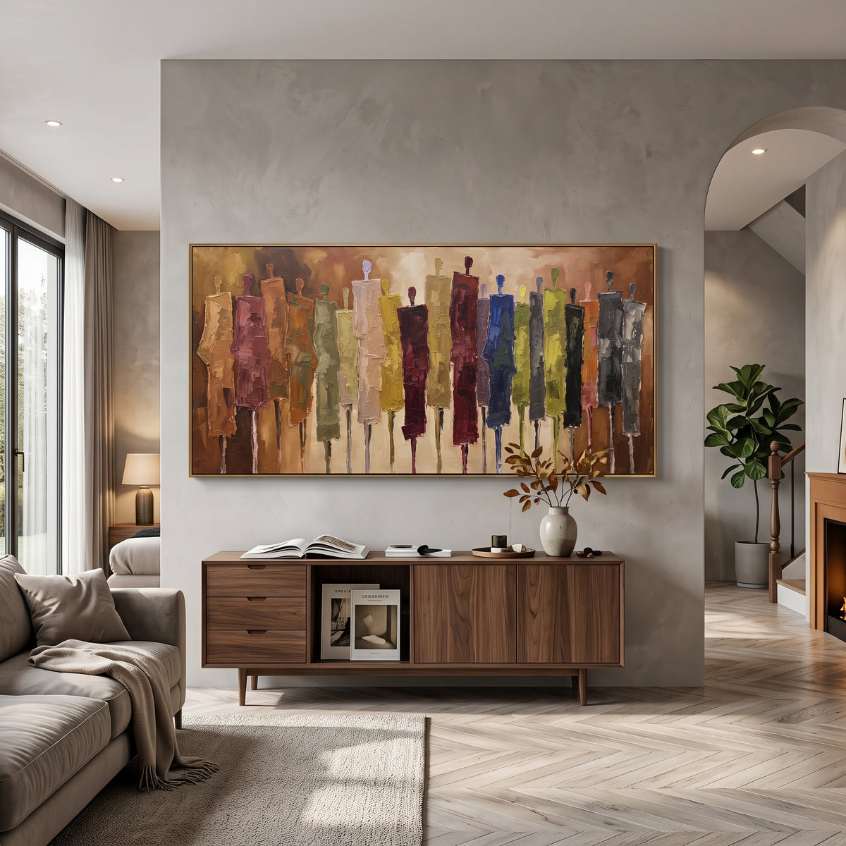 Cobalt Cobalt Color Figure Chorus focuses on a row of elongated painted figures in varied colors. The composition keeps the principal subject clearly separated from the painted field, so the eye can follow the specific gesture, silhouette, garment, fur, petal, ridge, or river visible in this artwork. Its color relationships move between blue, grey, and white, with lighter passages opening the focal area and deeper strokes giving the forms weight. Palette-knife edges, impasto ridges, broken brush