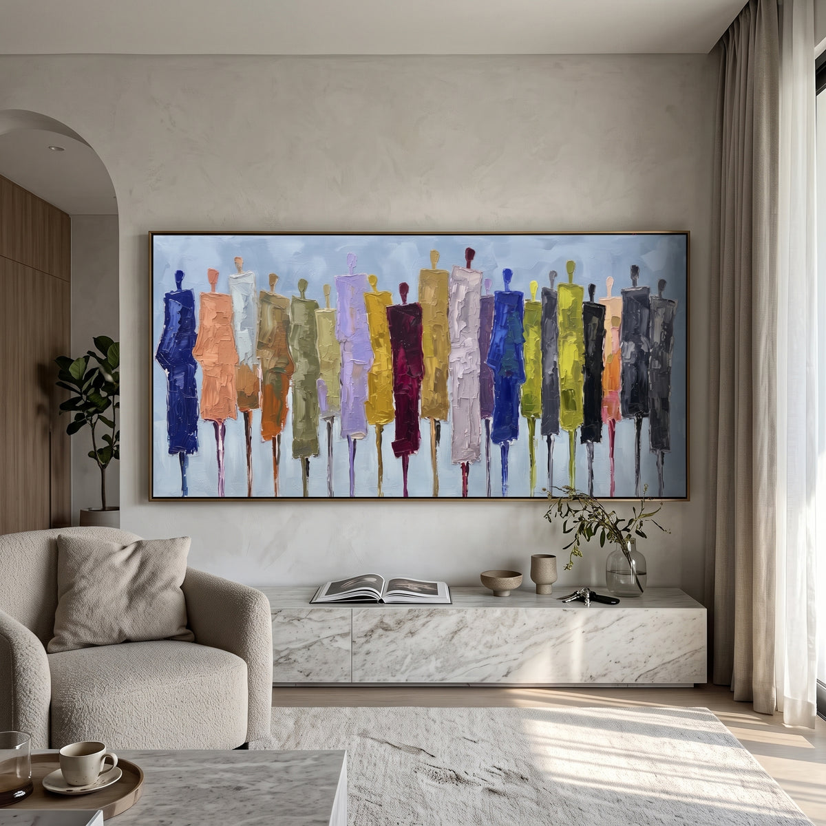 Mossy Cobalt Color Figure Chorus focuses on a row of elongated painted figures in varied colors. The composition keeps the principal subject clearly separated from the painted field, so the eye can follow the specific gesture, silhouette, garment, fur, petal, ridge, or river visible in this artwork. Its color relationships move between green, brown, and yellow, with lighter passages opening the focal area and deeper strokes giving the forms weight. Palette-knife edges, impasto ridges, broken