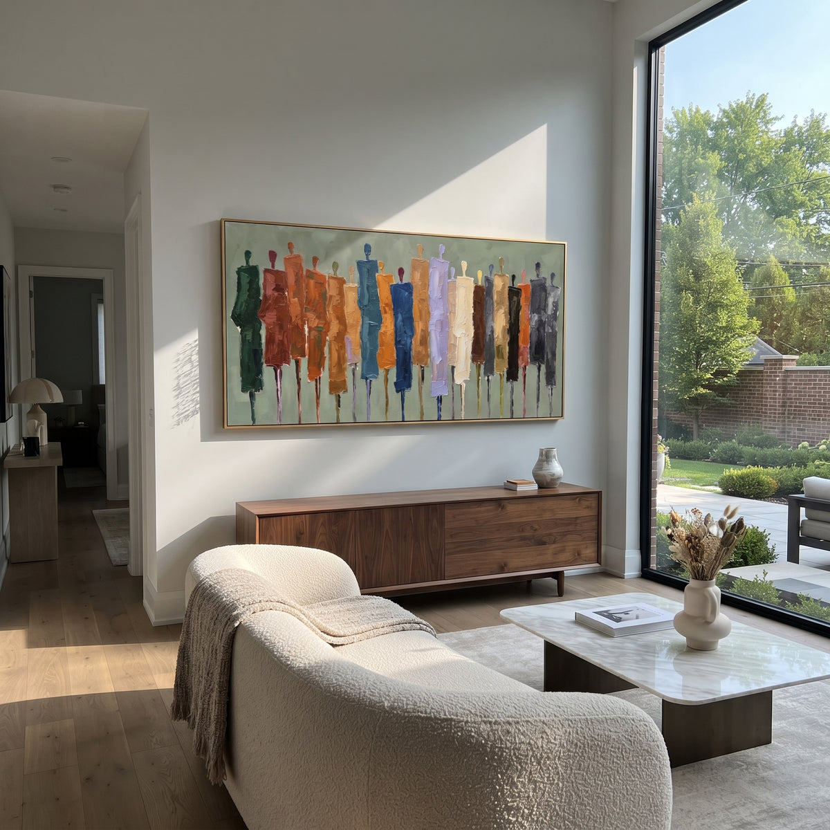 Golden Cobalt Color Figure Chorus focuses on a row of elongated painted figures in varied colors. The composition keeps the principal subject clearly separated from the painted field, so the eye can follow the specific gesture, silhouette, garment, fur, petal, ridge, or river visible in this artwork. Its color relationships move between orange, black, and beige, with lighter passages opening the focal area and deeper strokes giving the forms weight. Palette-knife edges, impasto ridges, broken