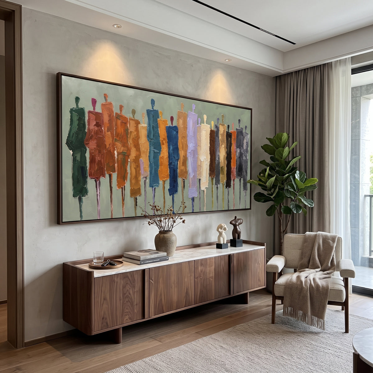 Golden Cobalt Color Figure Chorus focuses on a row of elongated painted figures in varied colors. The composition keeps the principal subject clearly separated from the painted field, so the eye can follow the specific gesture, silhouette, garment, fur, petal, ridge, or river visible in this artwork. Its color relationships move between orange, black, and beige, with lighter passages opening the focal area and deeper strokes giving the forms weight. Palette-knife edges, impasto ridges, broken