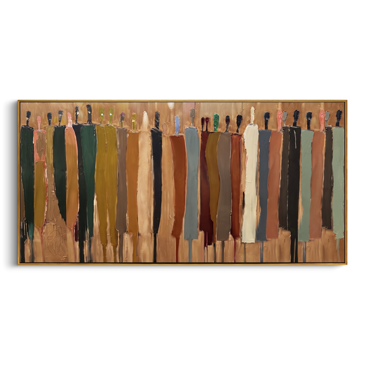 Soft Cobalt Color Figure Chorus focuses on a row of elongated painted figures in varied colors. The composition keeps the principal subject clearly separated from the painted field, so the eye can follow the specific gesture, silhouette, garment, fur, petal, ridge, or river visible in this artwork. Its color relationships move between blue, red, and white, with lighter passages opening the focal area and deeper strokes giving the forms weight. Palette-knife edges, impasto ridges, broken brush
