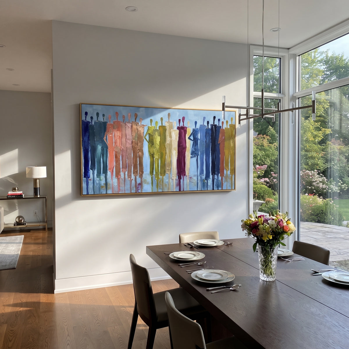Restful Cobalt Color Figure Chorus focuses on a row of elongated painted figures in varied colors. The composition keeps the principal subject clearly separated from the painted field, so the eye can follow the specific gesture, silhouette, garment, fur, petal, ridge, or river visible in this artwork. Its color relationships move between green, grey, and pink, with lighter passages opening the focal area and deeper strokes giving the forms weight. Palette-knife edges, impasto ridges, broken