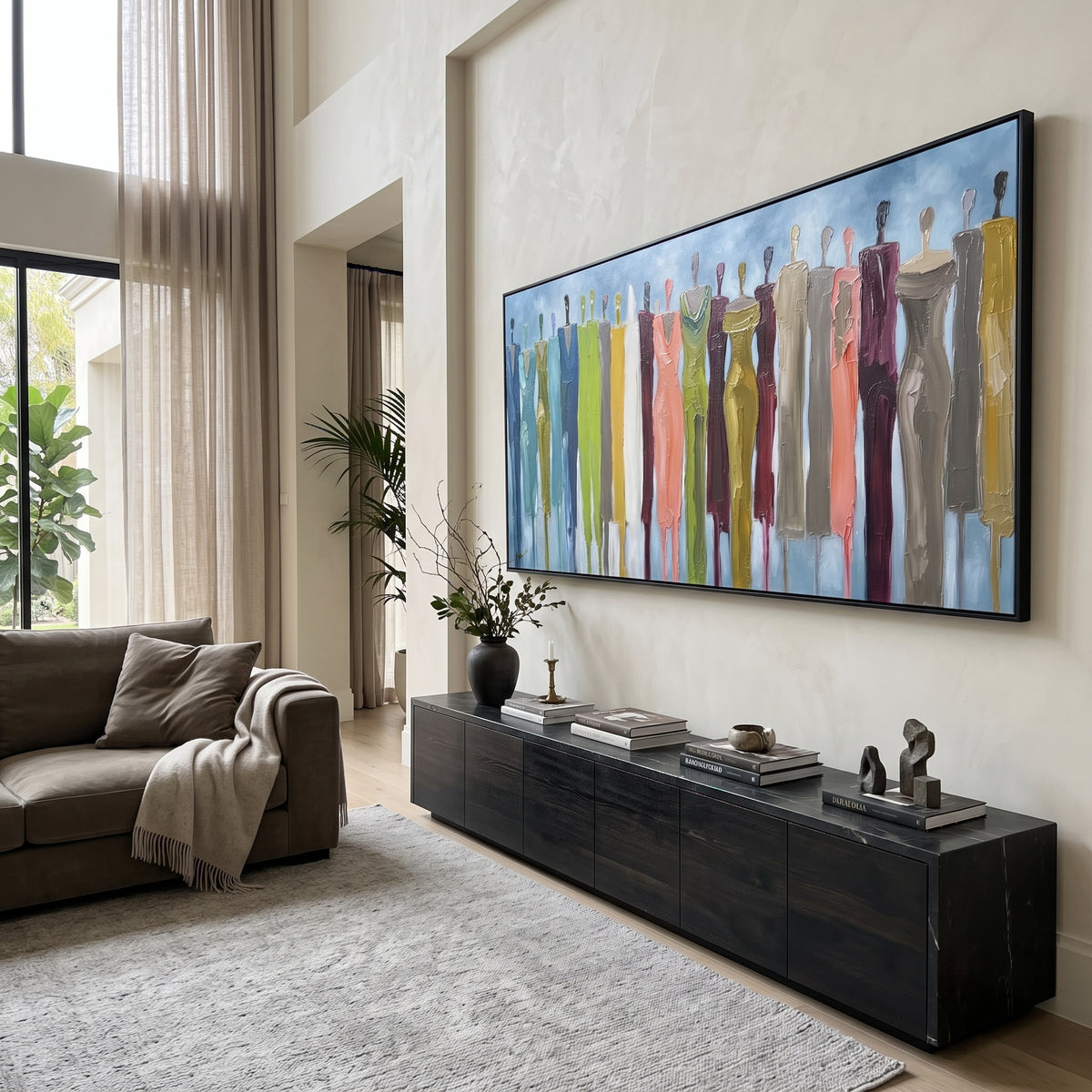 Playful Cobalt Color Figure Chorus focuses on a row of elongated painted figures in varied colors. The composition keeps the principal subject clearly separated from the painted field, so the eye can follow the specific gesture, silhouette, garment, fur, petal, ridge, or river visible in this artwork. Its color relationships move between beige, black, and blue, with lighter passages opening the focal area and deeper strokes giving the forms weight. Palette-knife edges, impasto ridges, broken