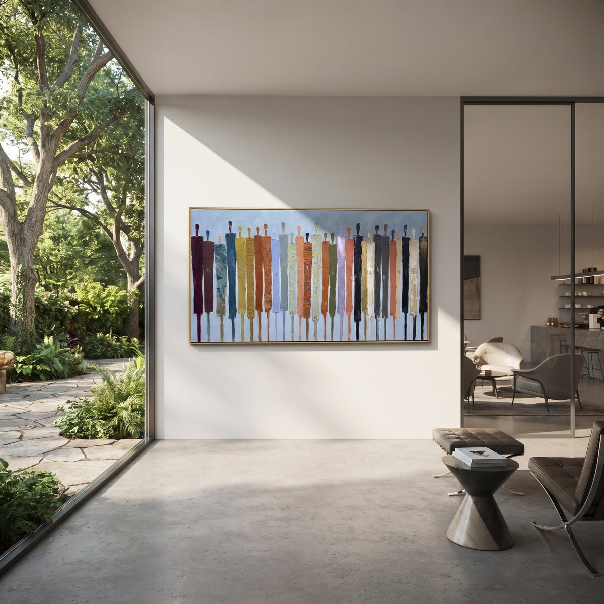 Gathered Cobalt Color Figure Chorus focuses on a row of elongated painted figures in varied colors. The composition keeps the principal subject clearly separated from the painted field, so the eye can follow the specific gesture, silhouette, garment, fur, petal, ridge, or river visible in this artwork. Its color relationships move between blue, beige, and brown, with lighter passages opening the focal area and deeper strokes giving the forms weight. Palette-knife edges, impasto ridges, broken