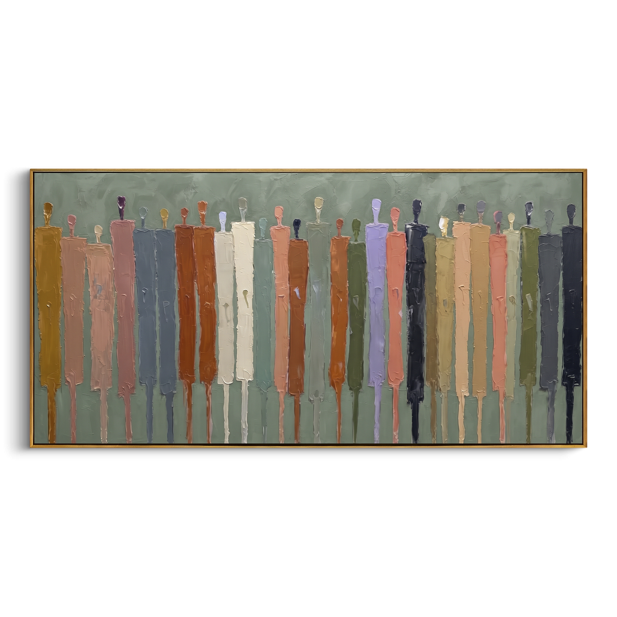 River Cobalt Color Figure Chorus focuses on a row of elongated painted figures in varied colors. The composition keeps the principal subject clearly separated from the painted field, so the eye can follow the specific gesture, silhouette, garment, fur, petal, ridge, or river visible in this artwork. Its color relationships move between orange, pink, and green, with lighter passages opening the focal area and deeper strokes giving the forms weight. Palette-knife edges, impasto ridges, broken