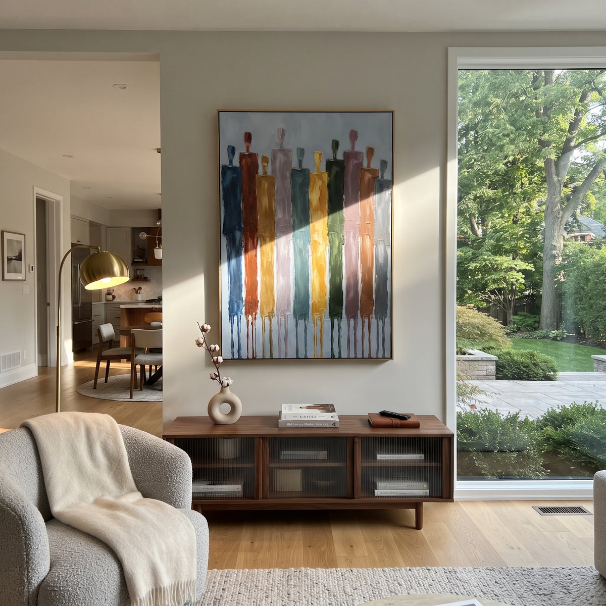 Warm Cobalt Color Figure Chorus focuses on a row of elongated painted figures in varied colors. The composition keeps the principal subject clearly separated from the painted field, so the eye can follow the specific gesture, silhouette, garment, fur, petal, ridge, or river visible in this artwork. Its color relationships move between green, yellow, and beige, with lighter passages opening the focal area and deeper strokes giving the forms weight. Palette-knife edges, impasto ridges, broken
