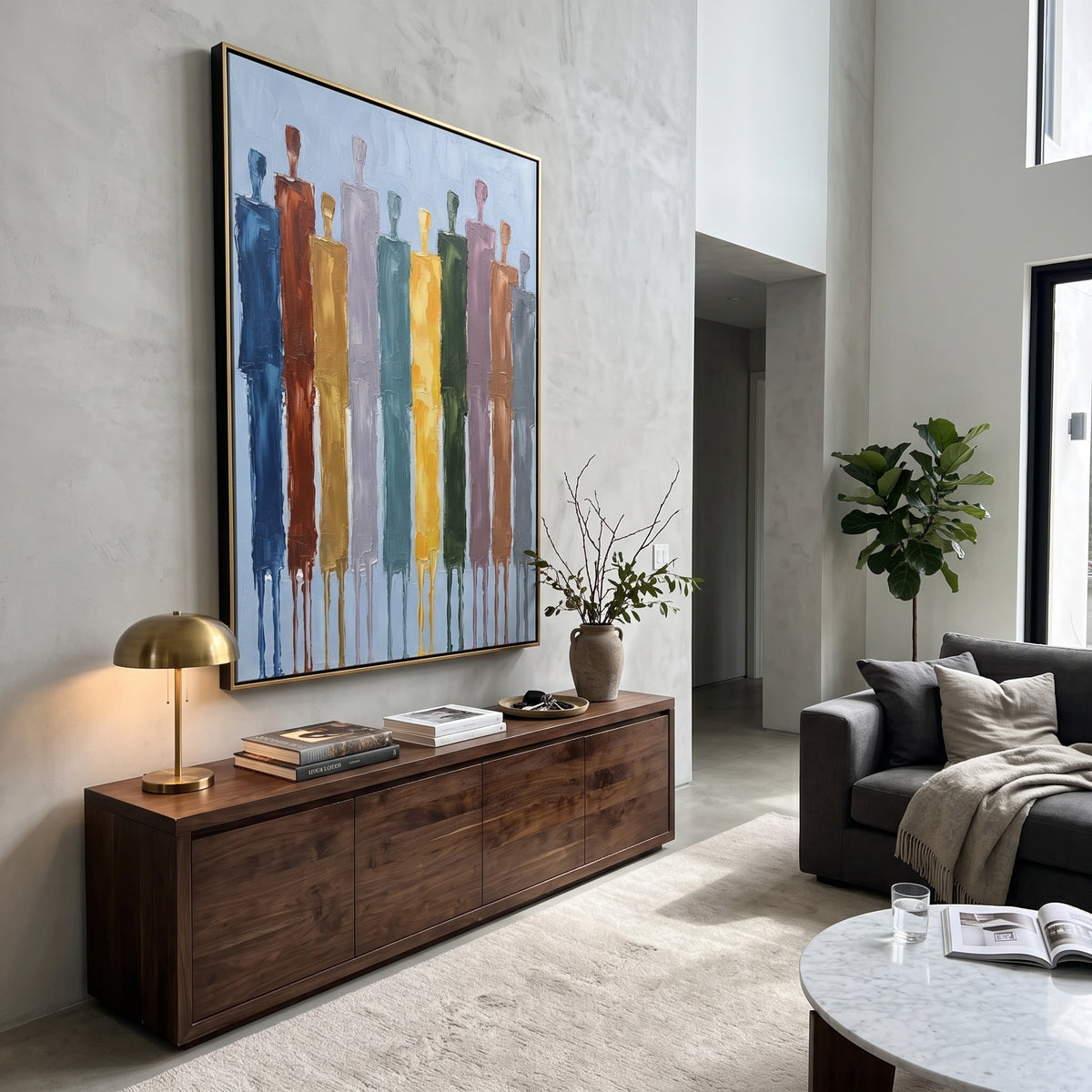 Warm Cobalt Color Figure Chorus focuses on a row of elongated painted figures in varied colors. The composition keeps the principal subject clearly separated from the painted field, so the eye can follow the specific gesture, silhouette, garment, fur, petal, ridge, or river visible in this artwork. Its color relationships move between green, yellow, and beige, with lighter passages opening the focal area and deeper strokes giving the forms weight. Palette-knife edges, impasto ridges, broken