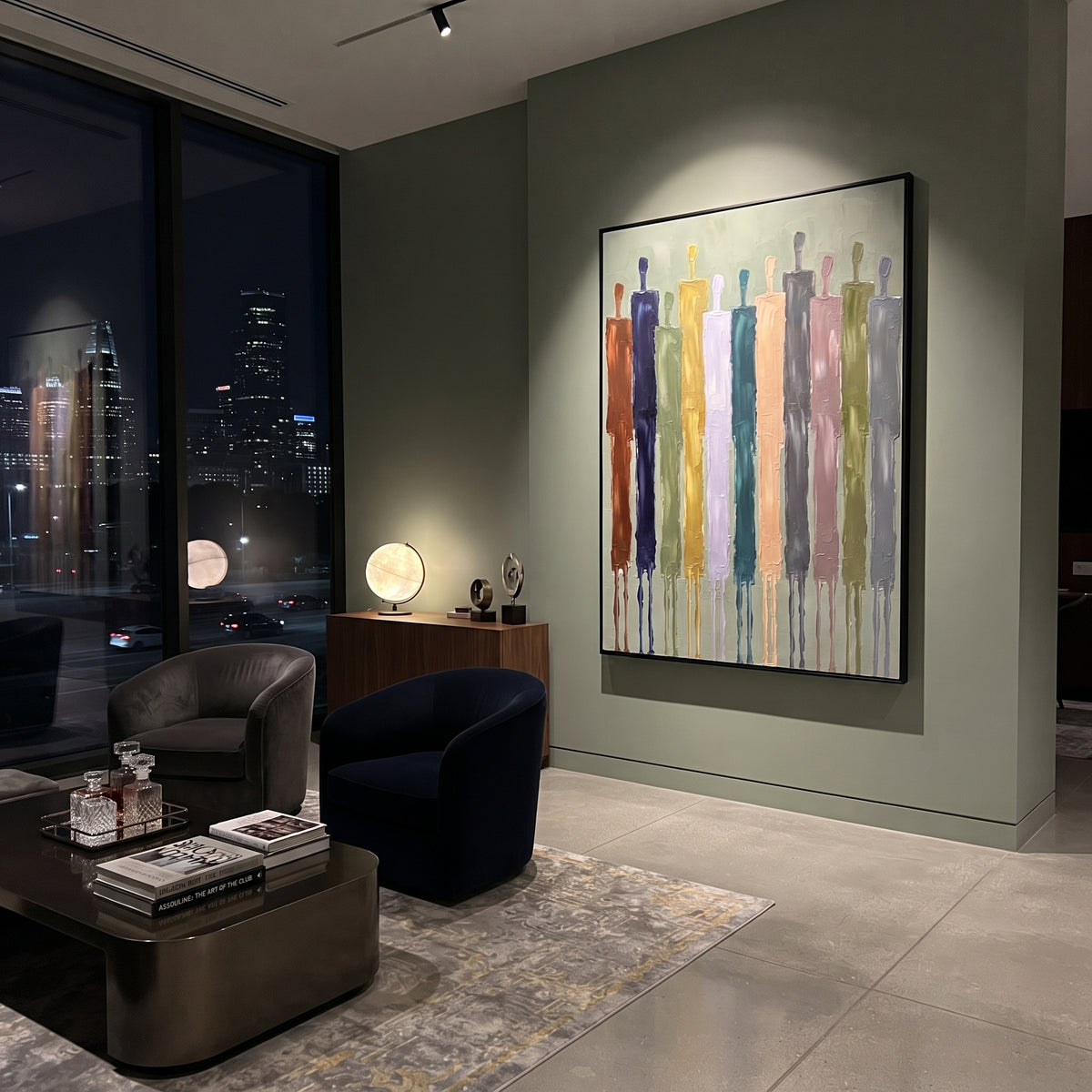Gentle Cobalt Color Figure Chorus focuses on a row of elongated painted figures in varied colors. The composition keeps the principal subject clearly separated from the painted field, so the eye can follow the specific gesture, silhouette, garment, fur, petal, ridge, or river visible in this artwork. Its color relationships move between green, brown, and yellow, with lighter passages opening the focal area and deeper strokes giving the forms weight. Palette-knife edges, impasto ridges, broken