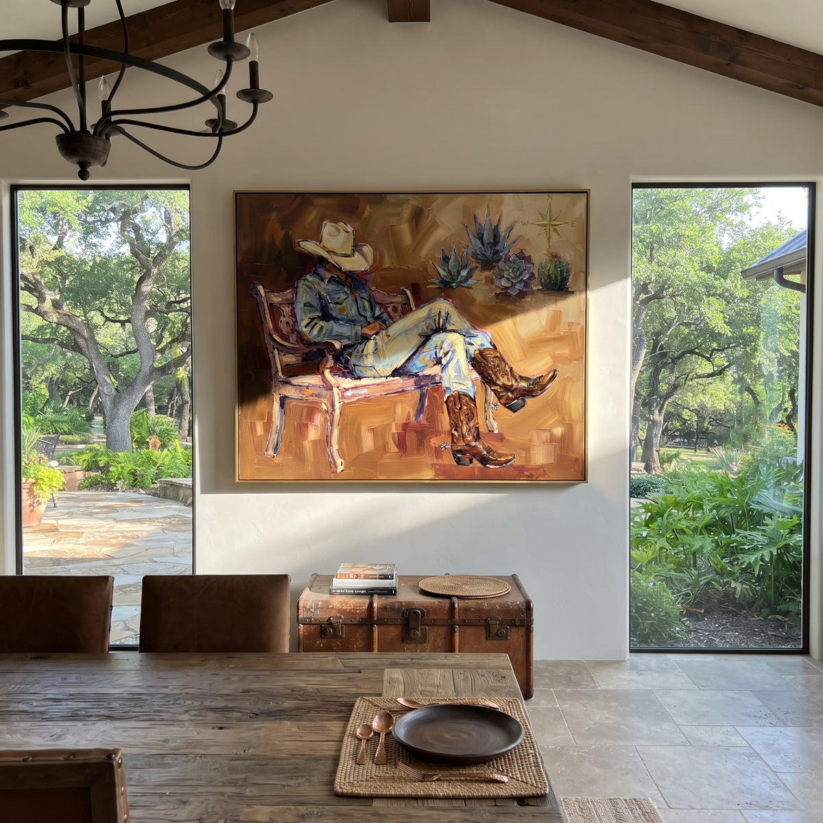 Open Cobalt Seated Western Rider focuses on a relaxed western figure in a broad hat seated in a chair. The composition keeps the principal subject clearly separated from the painted field, so the eye can follow the specific gesture, silhouette, garment, fur, petal, ridge, or river visible in this artwork. Its color relationships move between orange, black, and beige, with lighter passages opening the focal area and deeper strokes giving the forms weight. Palette-knife edges, impasto ridges