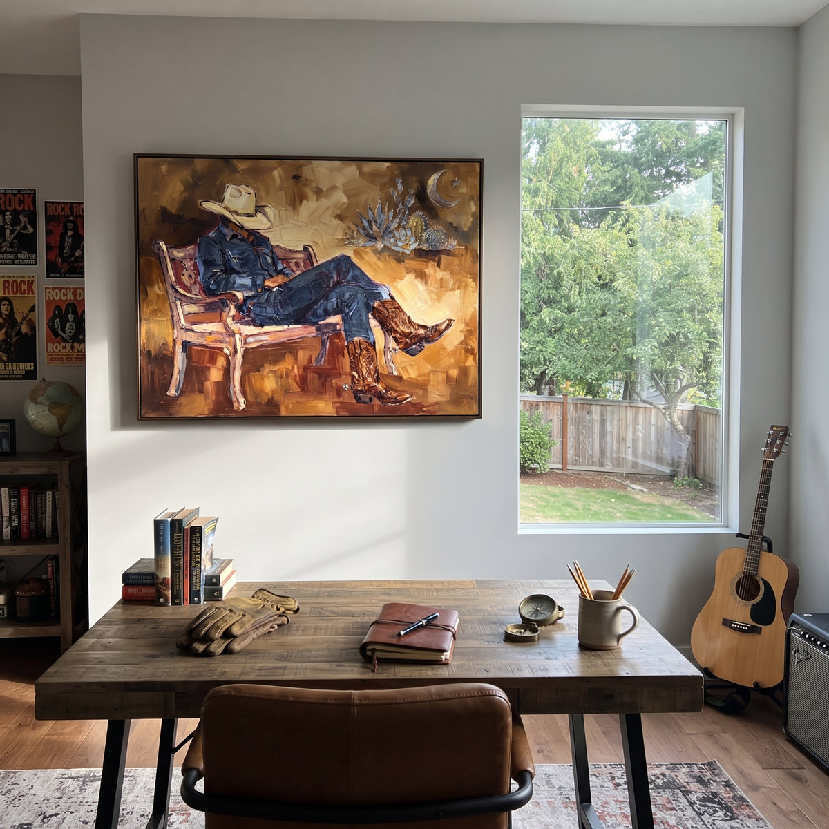 Wandering Cobalt Seated Western Rider focuses on a relaxed western figure in a broad hat seated in a chair. The composition keeps the principal subject clearly separated from the painted field, so the eye can follow the specific gesture, silhouette, garment, fur, petal, ridge, or river visible in this artwork. Its color relationships move between blue, red, and white, with lighter passages opening the focal area and deeper strokes giving the forms weight. Palette-knife edges, impasto ridges