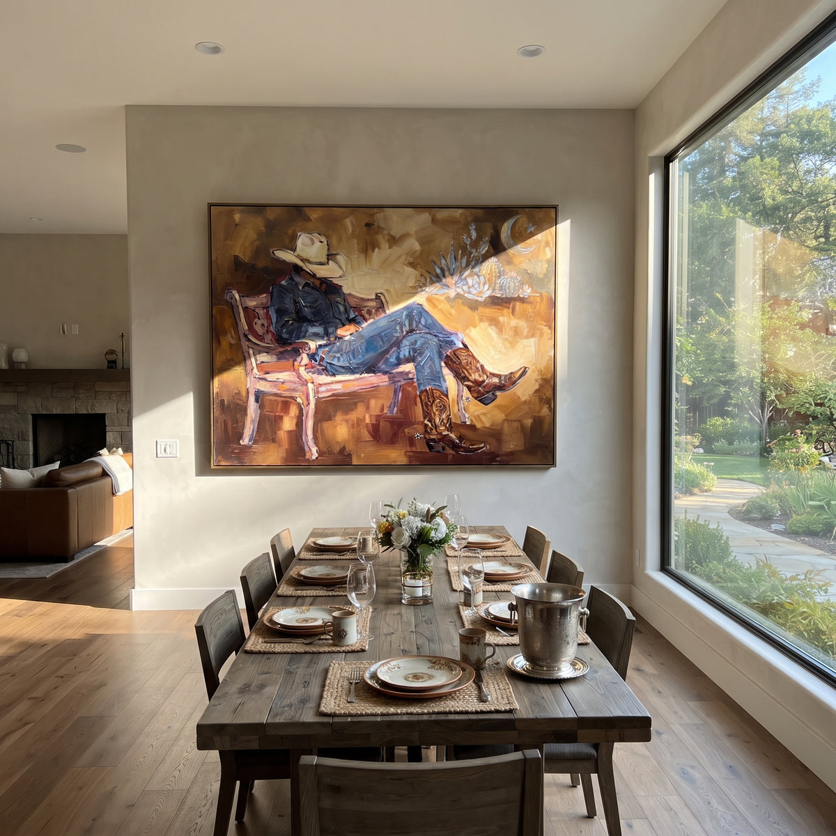 Wandering Cobalt Seated Western Rider focuses on a relaxed western figure in a broad hat seated in a chair. The composition keeps the principal subject clearly separated from the painted field, so the eye can follow the specific gesture, silhouette, garment, fur, petal, ridge, or river visible in this artwork. Its color relationships move between blue, red, and white, with lighter passages opening the focal area and deeper strokes giving the forms weight. Palette-knife edges, impasto ridges