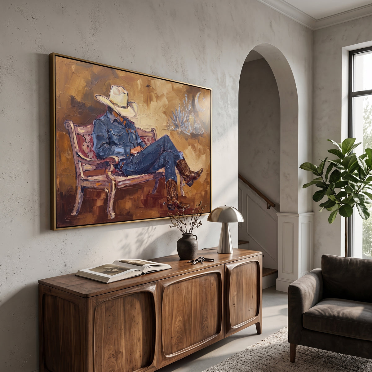 Wandering Cobalt Seated Western Rider focuses on a relaxed western figure in a broad hat seated in a chair. The composition keeps the principal subject clearly separated from the painted field, so the eye can follow the specific gesture, silhouette, garment, fur, petal, ridge, or river visible in this artwork. Its color relationships move between blue, red, and white, with lighter passages opening the focal area and deeper strokes giving the forms weight. Palette-knife edges, impasto ridges