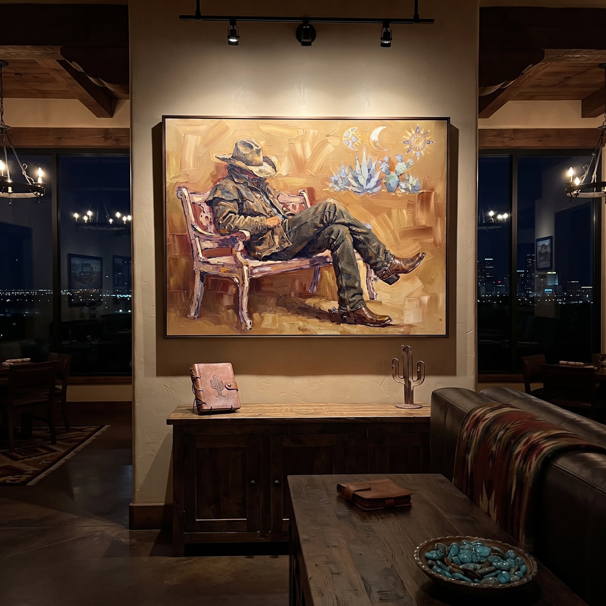 Reflective Cobalt Seated Western Rider focuses on a relaxed western figure in a broad hat seated in a chair. The composition keeps the principal subject clearly separated from the painted field, so the eye can follow the specific gesture, silhouette, garment, fur, petal, ridge, or river visible in this artwork. Its color relationships move between green, grey, and pink, with lighter passages opening the focal area and deeper strokes giving the forms weight. Palette-knife edges, impasto ridges