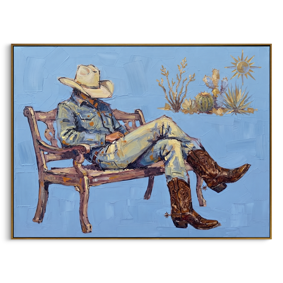 Midnight Cobalt Seated Western Rider focuses on a relaxed western figure in a broad hat seated in a chair. The composition keeps the principal subject clearly separated from the painted field, so the eye can follow the specific gesture, silhouette, garment, fur, petal, ridge, or river visible in this artwork. Its color relationships move between beige, black, and blue, with lighter passages opening the focal area and deeper strokes giving the forms weight. Palette-knife edges, impasto ridges