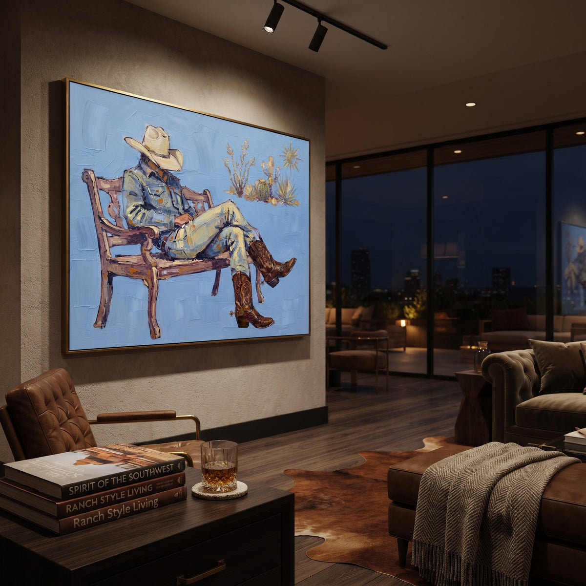 Midnight Cobalt Seated Western Rider focuses on a relaxed western figure in a broad hat seated in a chair. The composition keeps the principal subject clearly separated from the painted field, so the eye can follow the specific gesture, silhouette, garment, fur, petal, ridge, or river visible in this artwork. Its color relationships move between beige, black, and blue, with lighter passages opening the focal area and deeper strokes giving the forms weight. Palette-knife edges, impasto ridges
