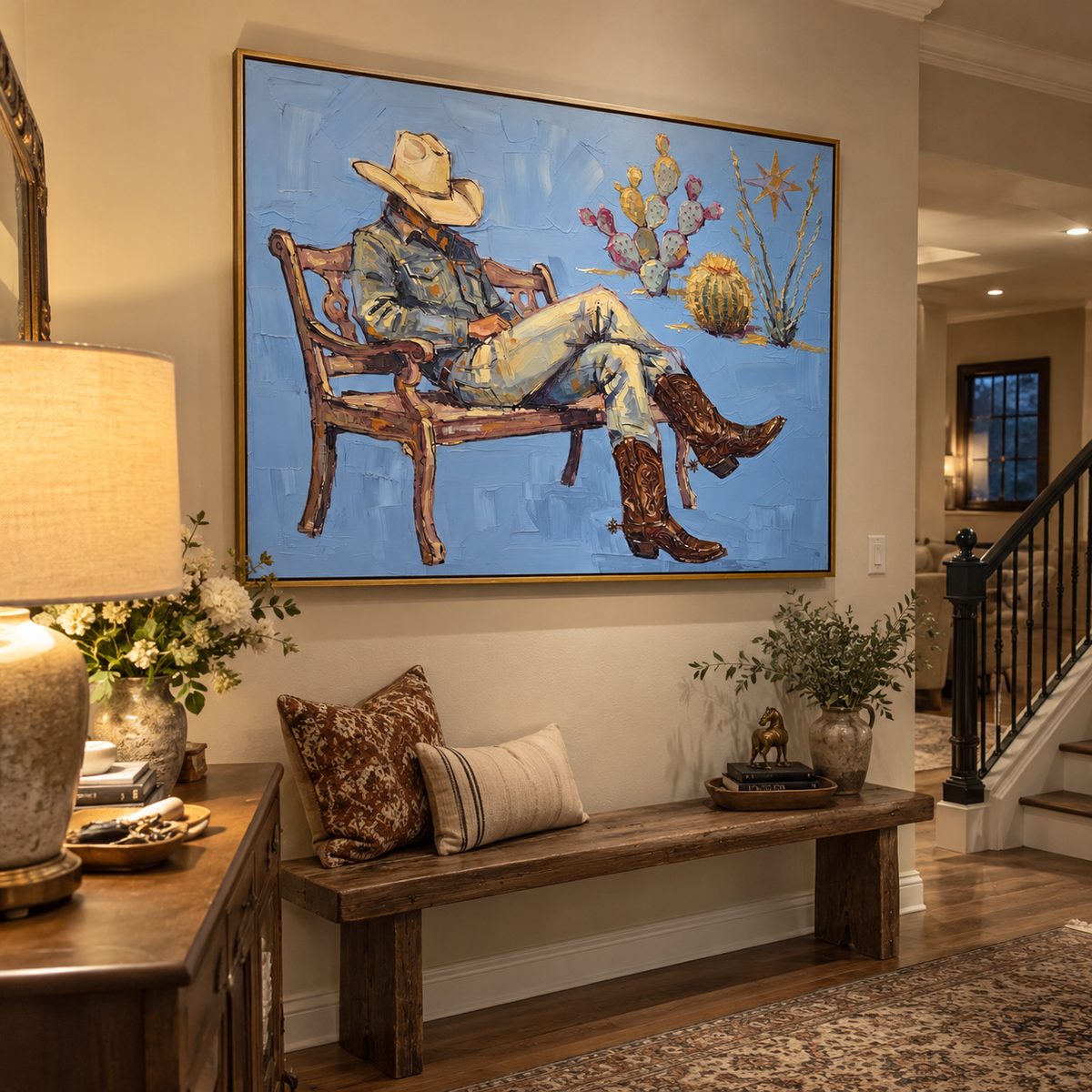 Storybook Cobalt Seated Western Rider focuses on a relaxed western figure in a broad hat seated in a chair. The composition keeps the principal subject clearly separated from the painted field, so the eye can follow the specific gesture, silhouette, garment, fur, petal, ridge, or river visible in this artwork. Its color relationships move between purple, green, and white, with lighter passages opening the focal area and deeper strokes giving the forms weight. Palette-knife edges, impasto ridges