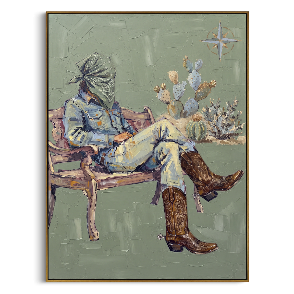 Quiet Mossy Seated Western Rider focuses on a relaxed western figure in a broad hat seated in a chair. The composition keeps the principal subject clearly separated from the painted field, so the eye can follow the specific gesture, silhouette, garment, fur, petal, ridge, or river visible in this artwork. Its color relationships move between blue, beige, and brown, with lighter passages opening the focal area and deeper strokes giving the forms weight. Palette-knife edges, impasto ridges, broken