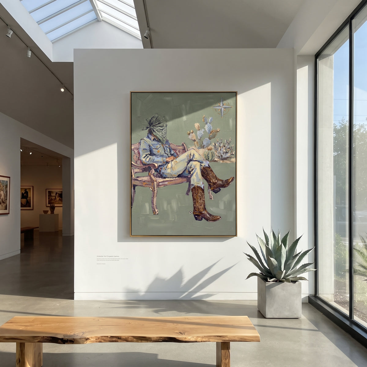 Quiet Mossy Seated Western Rider focuses on a relaxed western figure in a broad hat seated in a chair. The composition keeps the principal subject clearly separated from the painted field, so the eye can follow the specific gesture, silhouette, garment, fur, petal, ridge, or river visible in this artwork. Its color relationships move between blue, beige, and brown, with lighter passages opening the focal area and deeper strokes giving the forms weight. Palette-knife edges, impasto ridges, broken