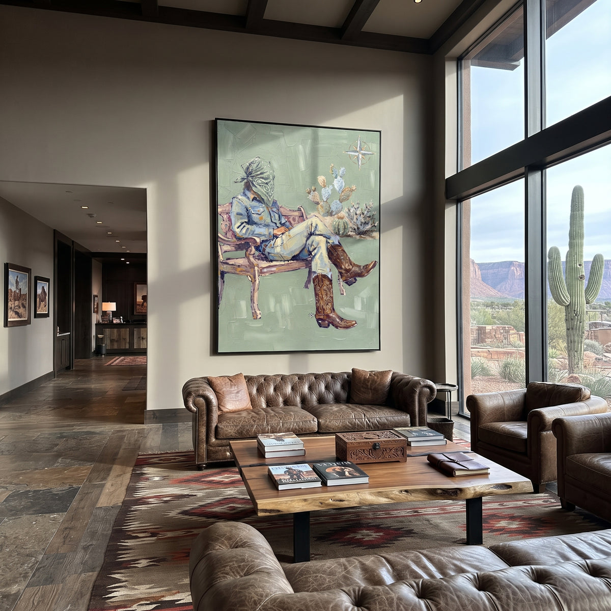 Quiet Mossy Seated Western Rider focuses on a relaxed western figure in a broad hat seated in a chair. The composition keeps the principal subject clearly separated from the painted field, so the eye can follow the specific gesture, silhouette, garment, fur, petal, ridge, or river visible in this artwork. Its color relationships move between blue, beige, and brown, with lighter passages opening the focal area and deeper strokes giving the forms weight. Palette-knife edges, impasto ridges, broken