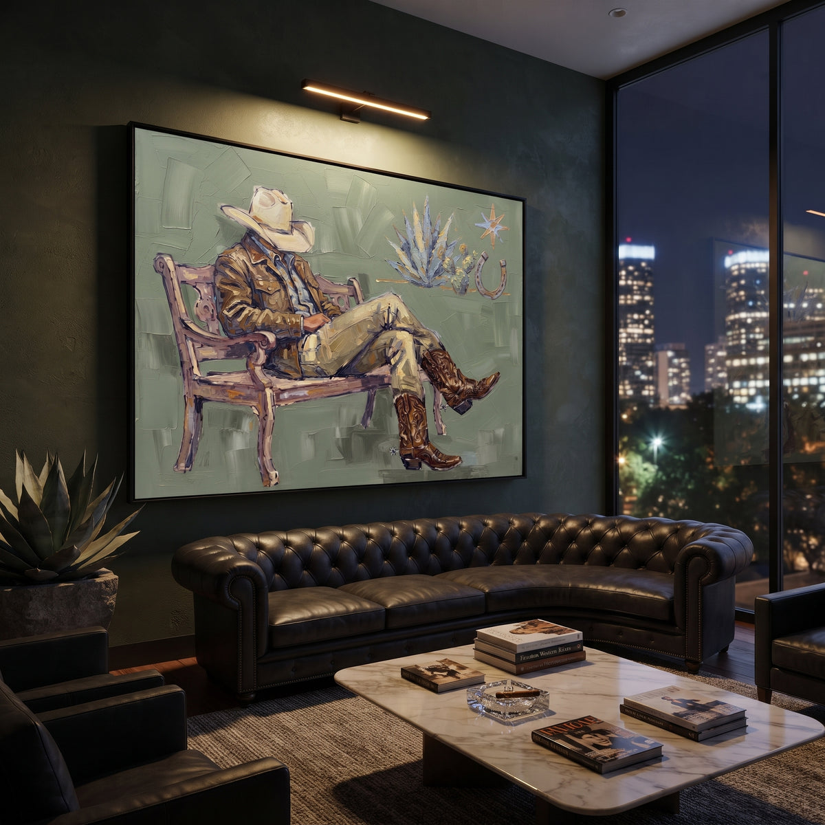 Luminous Mossy Seated Western Rider focuses on a relaxed western figure in a broad hat seated in a chair. The composition keeps the principal subject clearly separated from the painted field, so the eye can follow the specific gesture, silhouette, garment, fur, petal, ridge, or river visible in this artwork. Its color relationships move between orange, pink, and green, with lighter passages opening the focal area and deeper strokes giving the forms weight. Palette-knife edges, impasto ridges