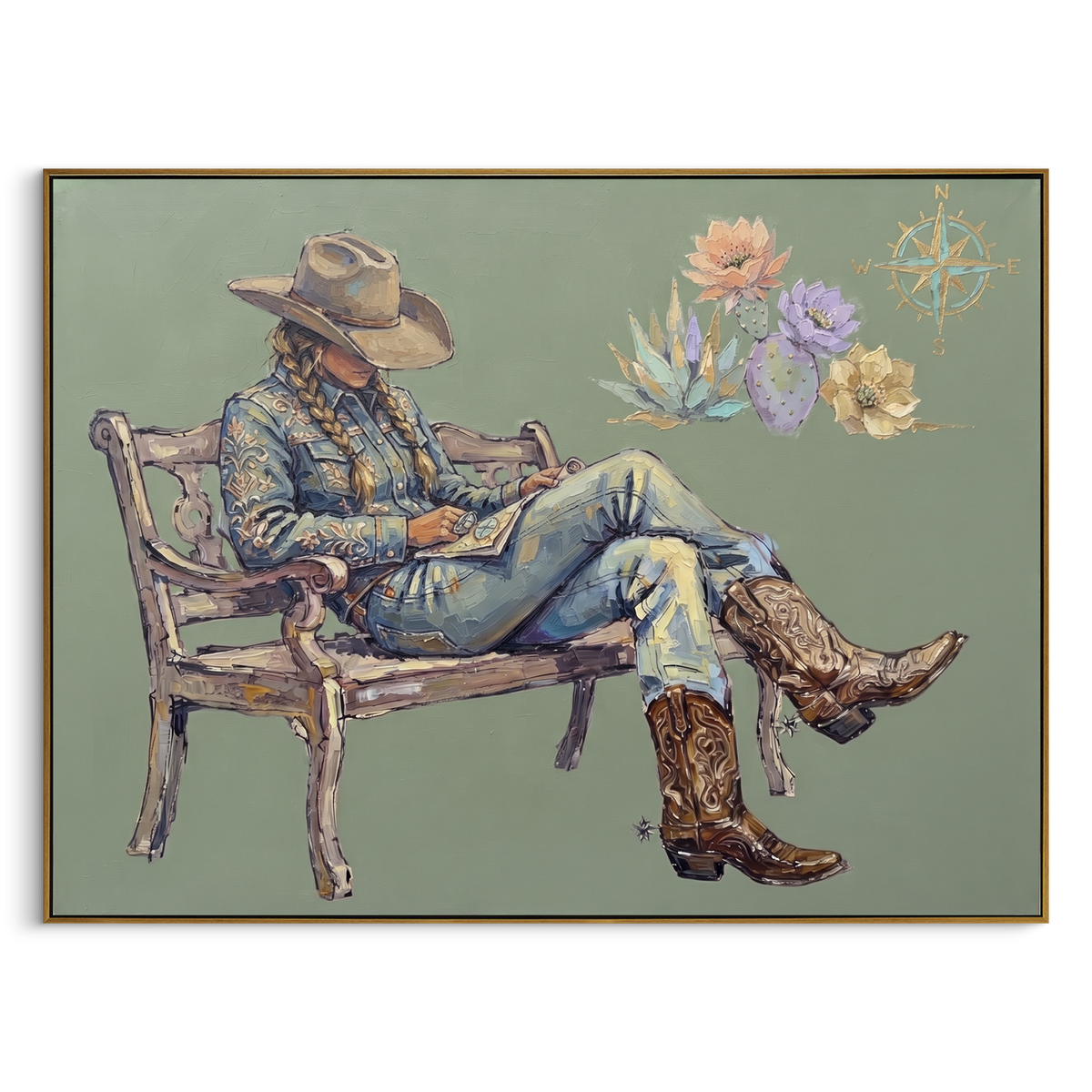 Tender Mossy Seated Western Rider focuses on a relaxed western figure in a broad hat seated in a chair. The composition keeps the principal subject clearly separated from the painted field, so the eye can follow the specific gesture, silhouette, garment, fur, petal, ridge, or river visible in this artwork. Its color relationships move between green, yellow, and beige, with lighter passages opening the focal area and deeper strokes giving the forms weight. Palette-knife edges, impasto ridges