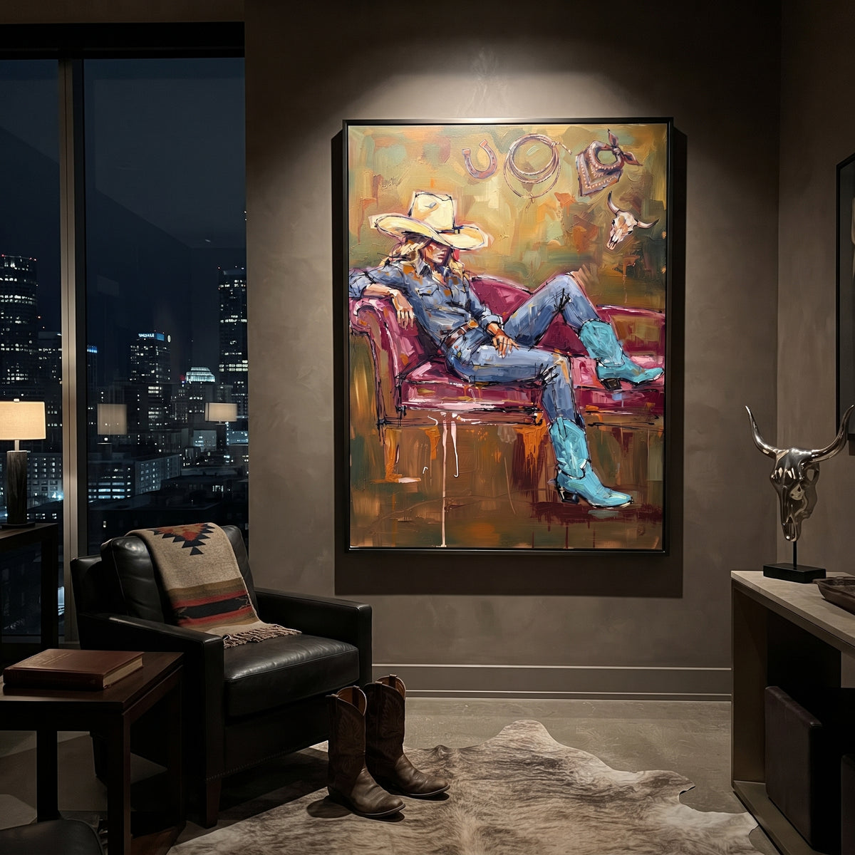 Cobalt Mossy Seated Western Rider focuses on a relaxed western figure in a broad hat seated in a chair. The composition keeps the principal subject clearly separated from the painted field, so the eye can follow the specific gesture, silhouette, garment, fur, petal, ridge, or river visible in this artwork. Its color relationships move between blue, grey, and white, with lighter passages opening the focal area and deeper strokes giving the forms weight. Palette-knife edges, impasto ridges, broken